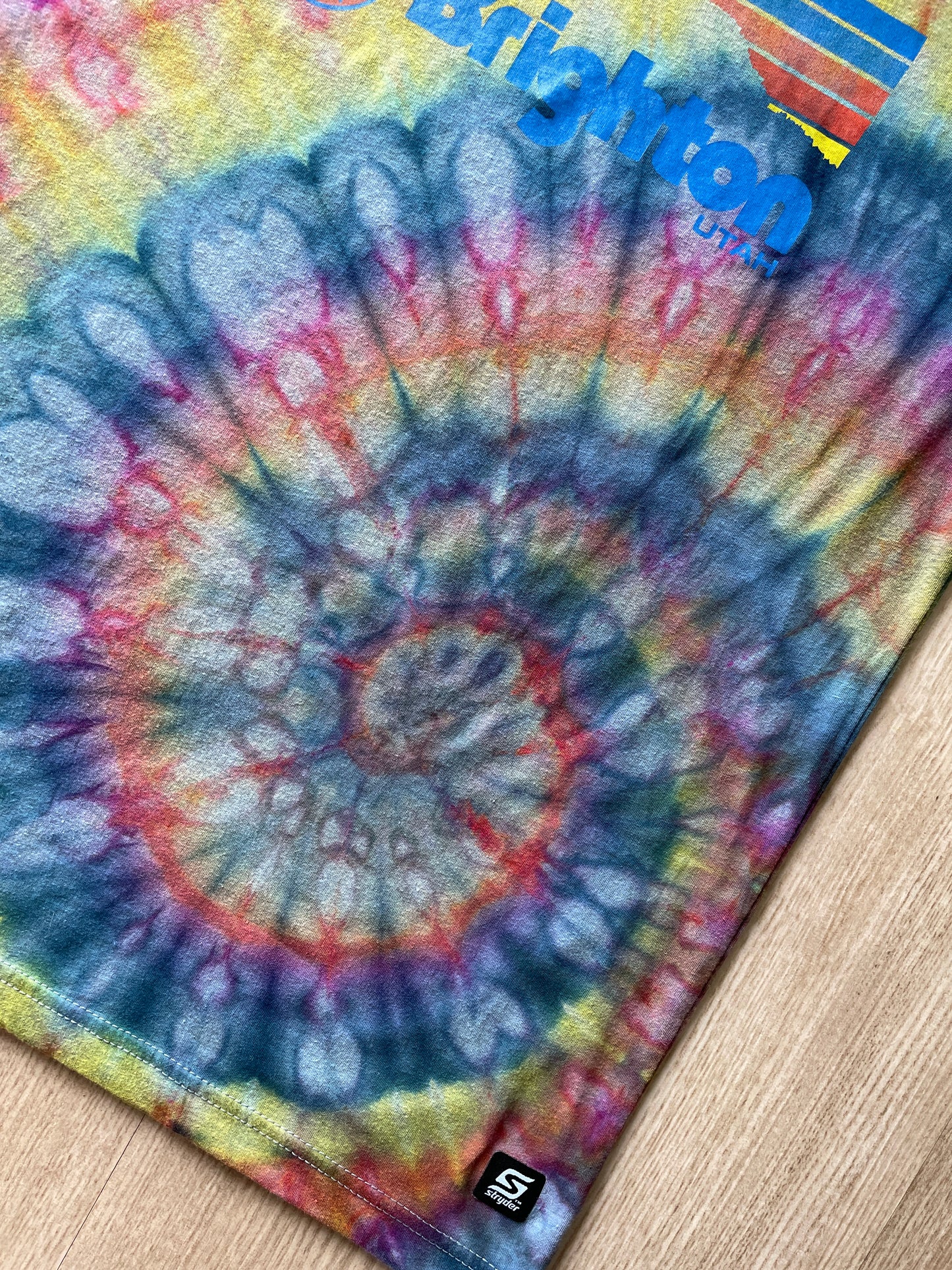 MEDIUM Men’s Brighton Ski Resort Handmade Ice Dye Spiral Short Sleeve T-Shirt | One-Of-a-Kind Pastel Blue, Pink, and Yellow Tie Dye Top