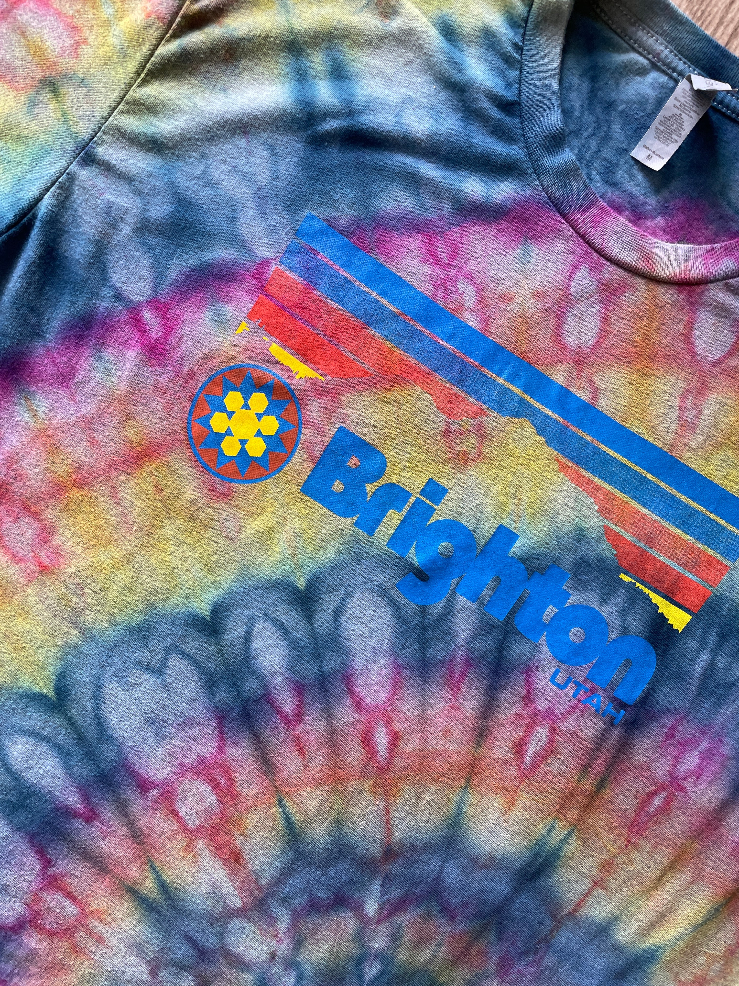 MEDIUM Men’s Brighton Ski Resort Handmade Ice Dye Spiral Short Sleeve T-Shirt | One-Of-a-Kind Pastel Blue, Pink, and Yellow Tie Dye Top