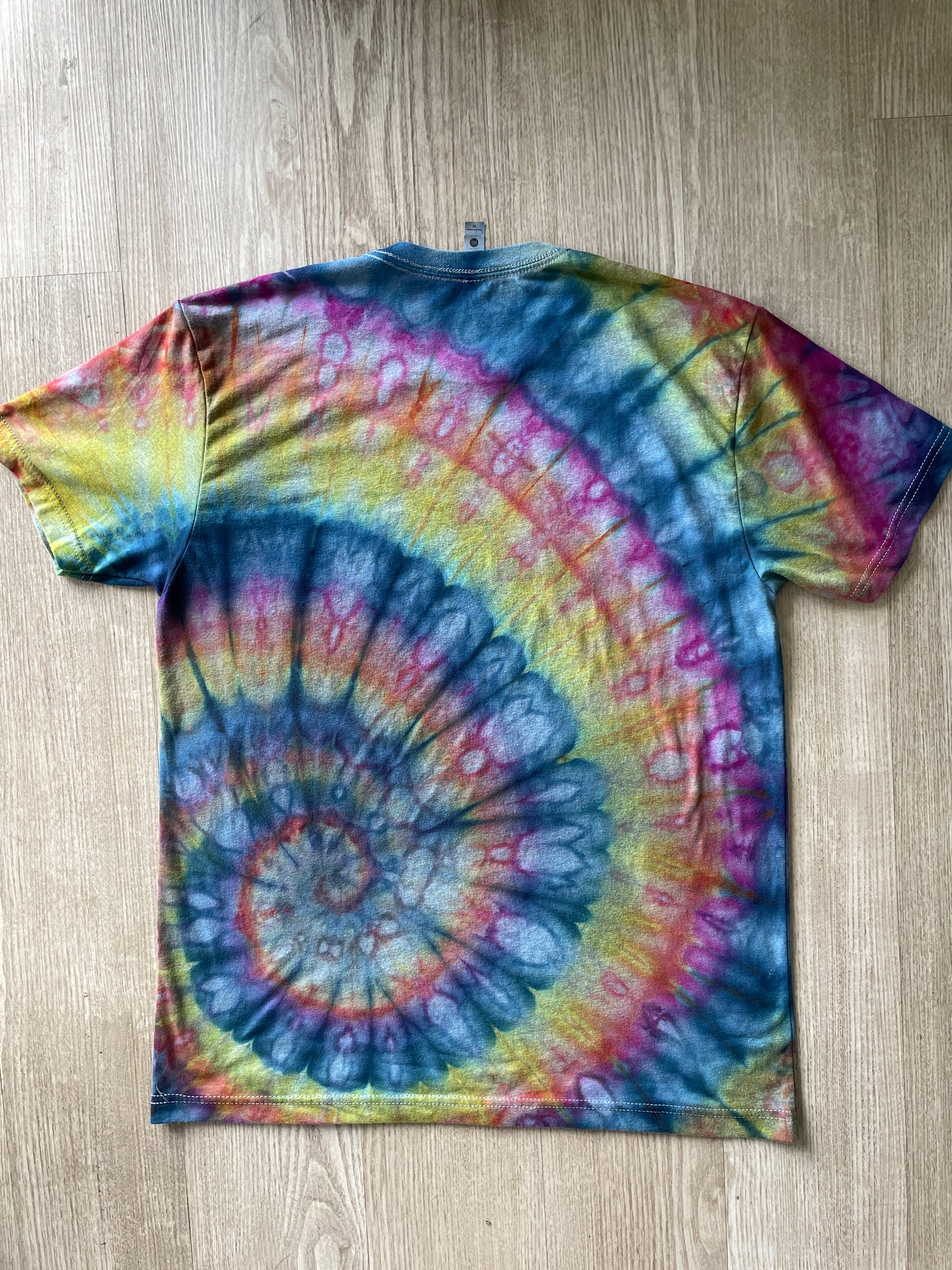 MEDIUM Men’s Brighton Ski Resort Handmade Ice Dye Spiral Short Sleeve T-Shirt | One-Of-a-Kind Pastel Blue, Pink, and Yellow Tie Dye Top