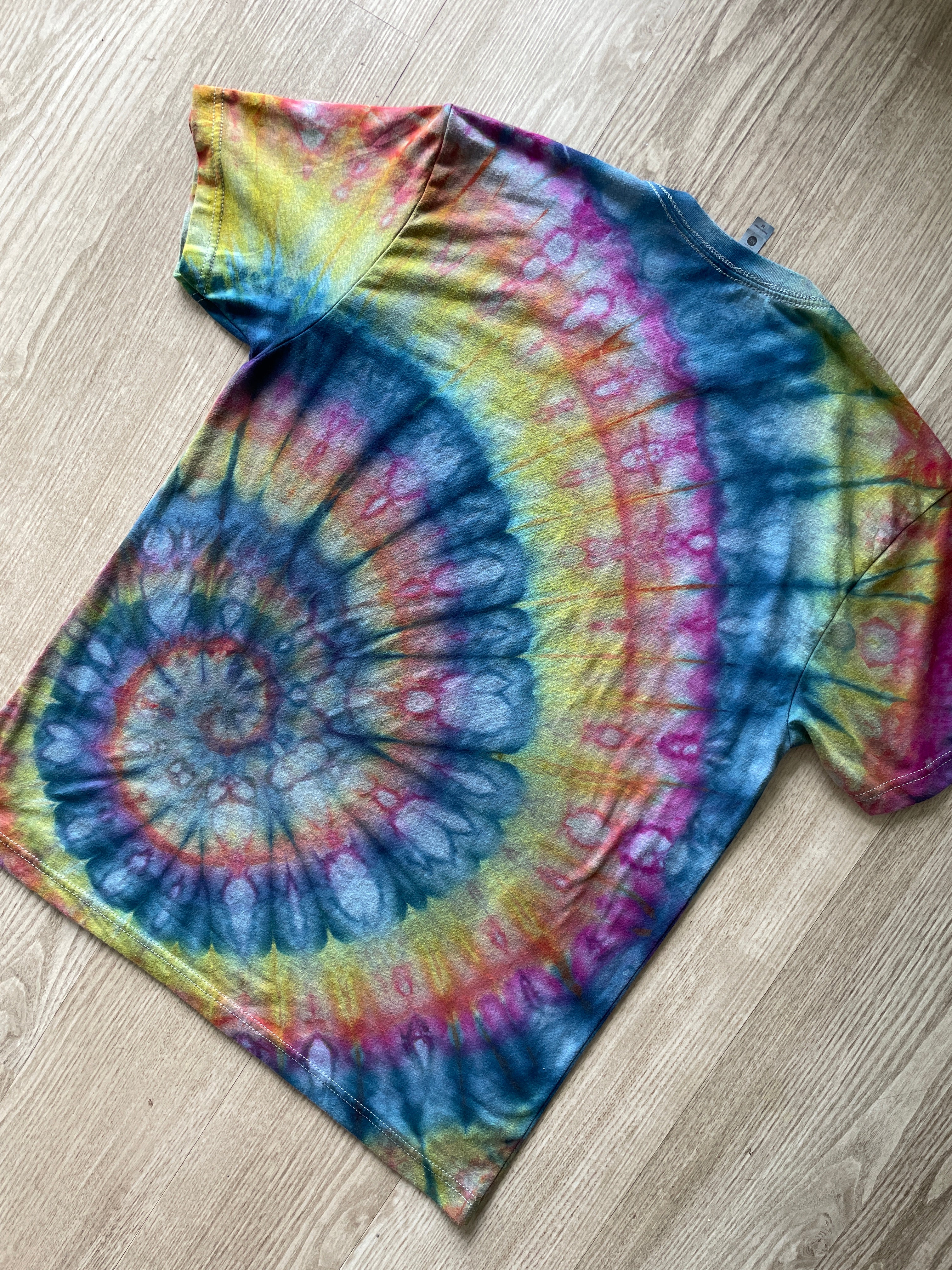 MEDIUM Men’s Brighton Ski Resort Handmade Ice Dye Spiral Short Sleeve T-Shirt | One-Of-a-Kind Pastel Blue, Pink, and Yellow Tie Dye Top