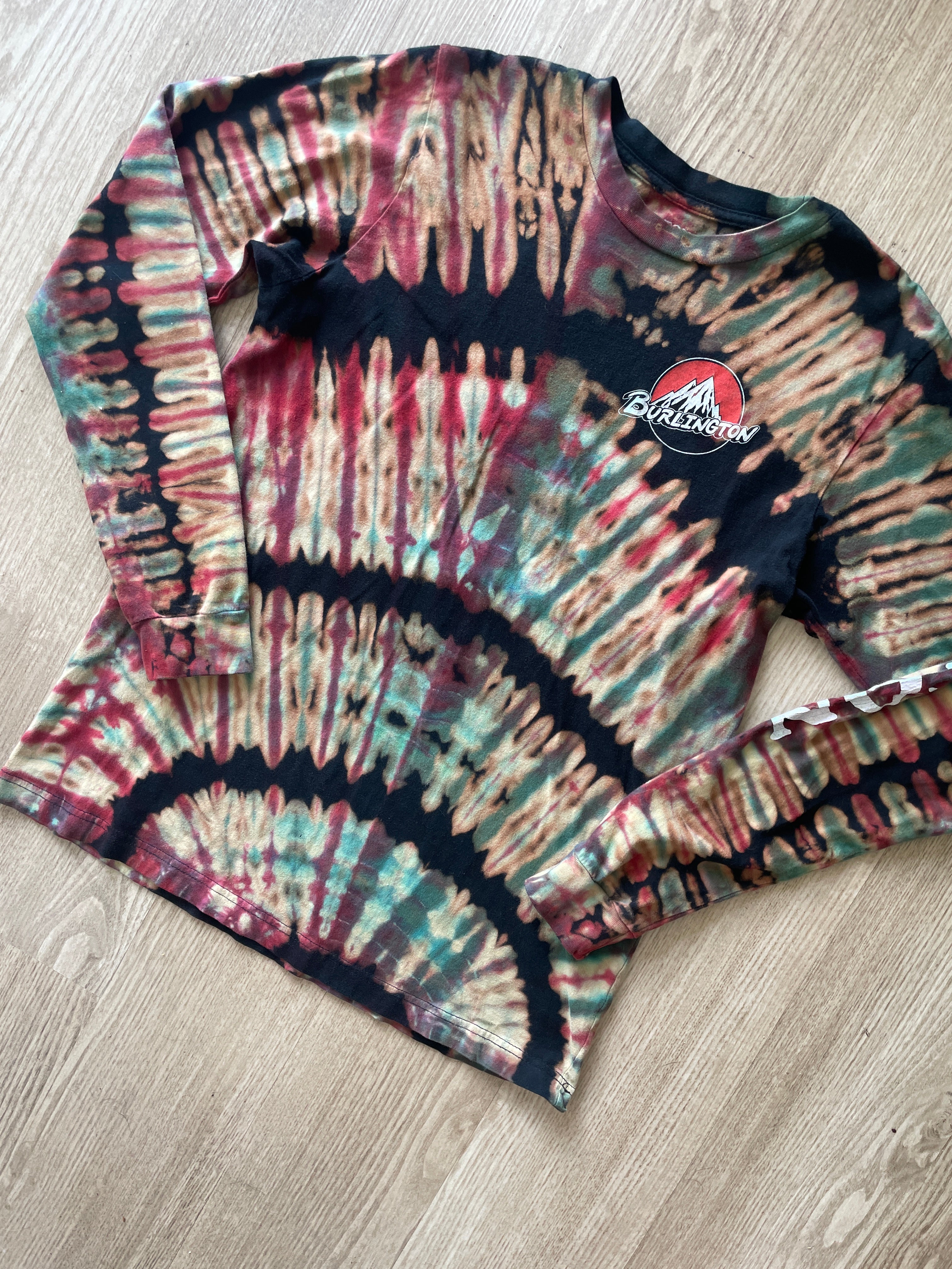 MEDIUM Men’s Burton Burlington Flagship Store Handmade Reverse Tie Dye T-Shirt | One-Of-a-Kind Black, Blue, and Red Long Sleeve