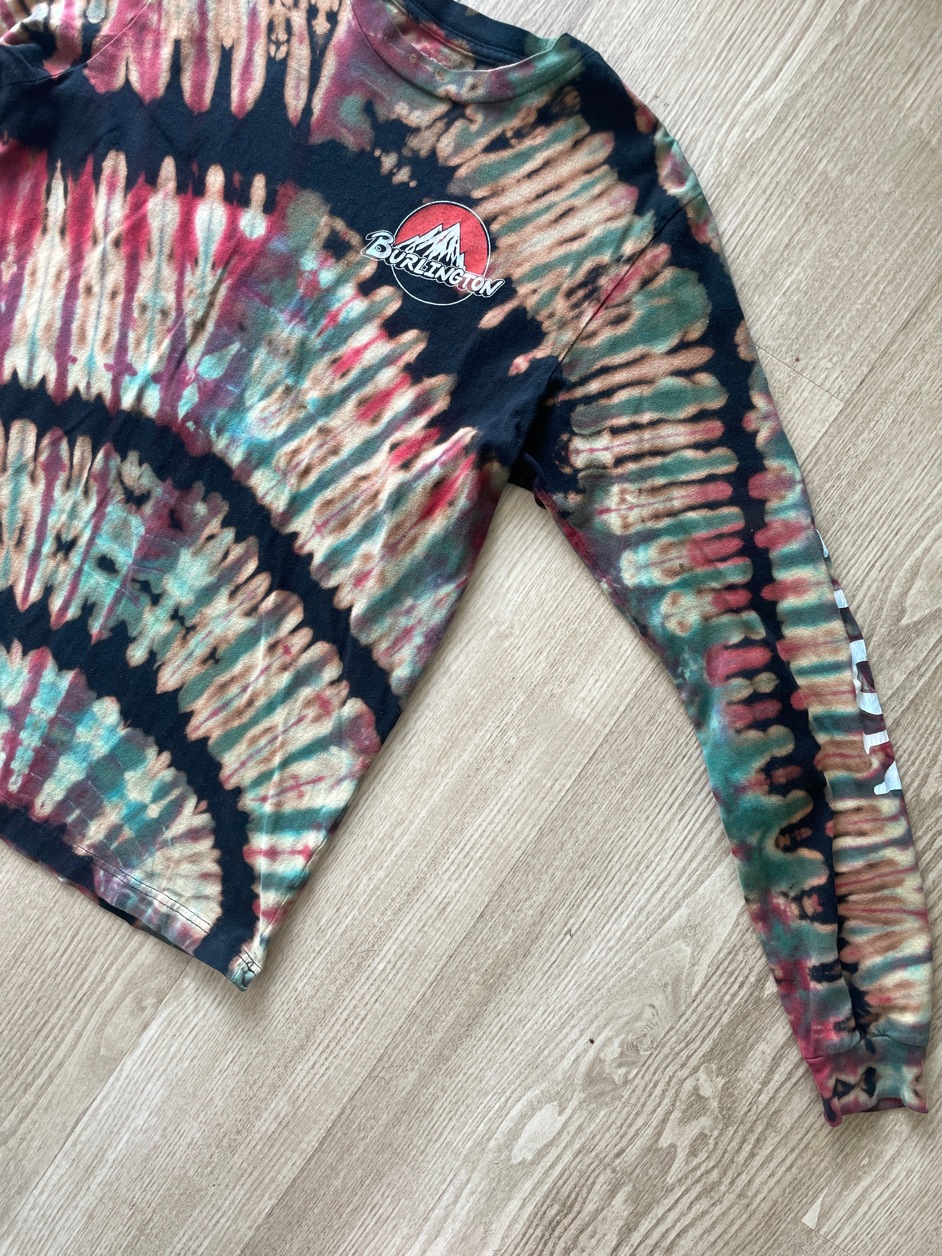 MEDIUM Men’s Burton Burlington Flagship Store Handmade Reverse Tie Dye T-Shirt | One-Of-a-Kind Black, Blue, and Red Long Sleeve