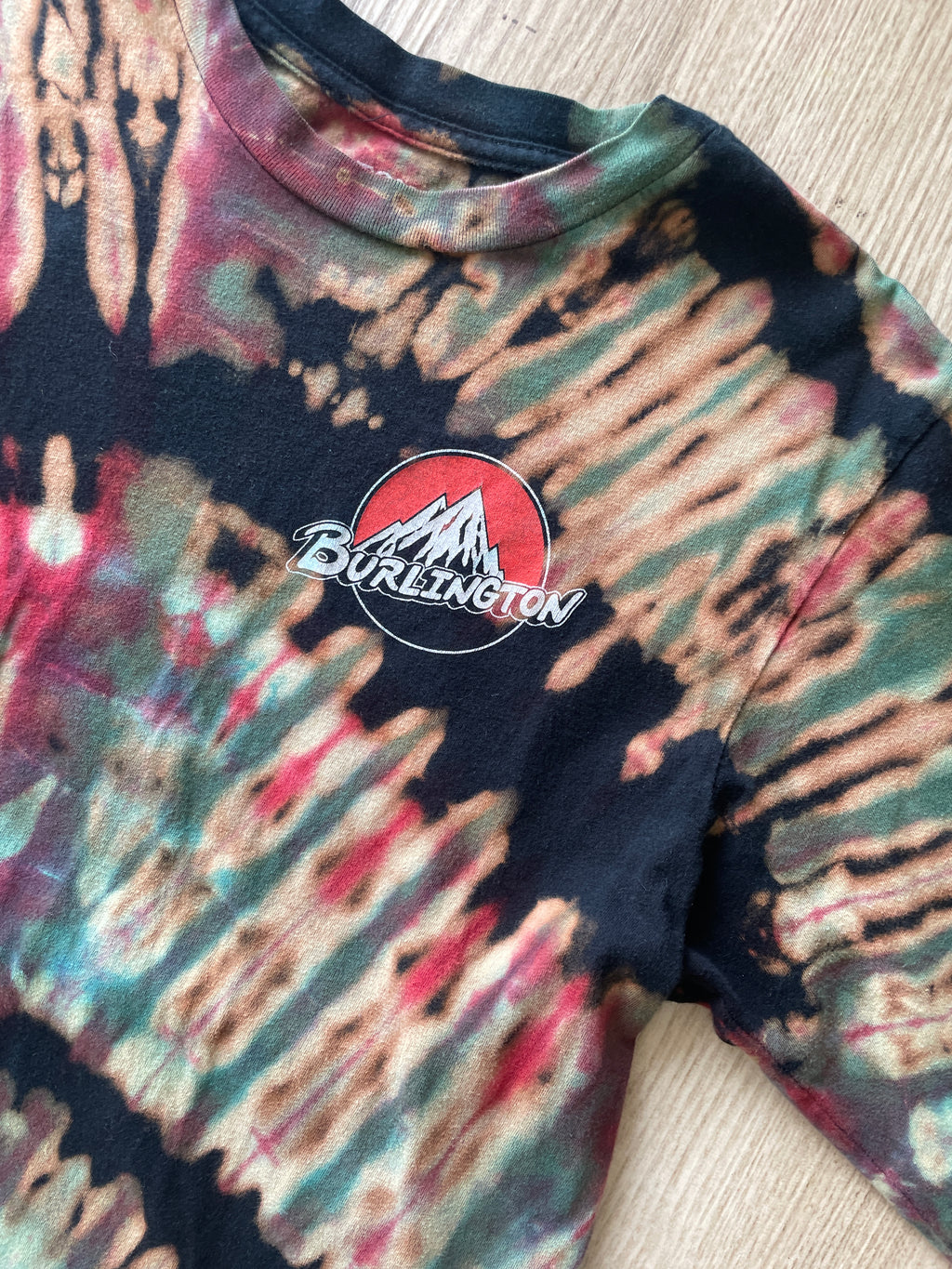 MEDIUM Men’s Burton Burlington Flagship Store Handmade Reverse Tie Dye T-Shirt | One-Of-a-Kind Black, Blue, and Red Long Sleeve