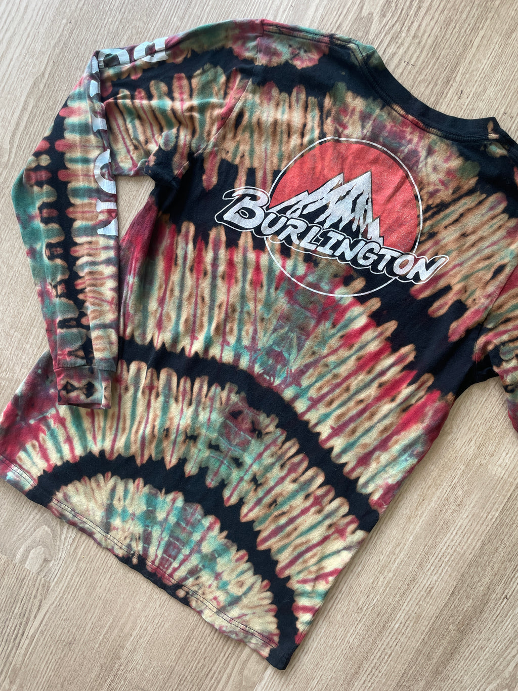 MEDIUM Men’s Burton Burlington Flagship Store Handmade Reverse Tie Dye T-Shirt | One-Of-a-Kind Black, Blue, and Red Long Sleeve