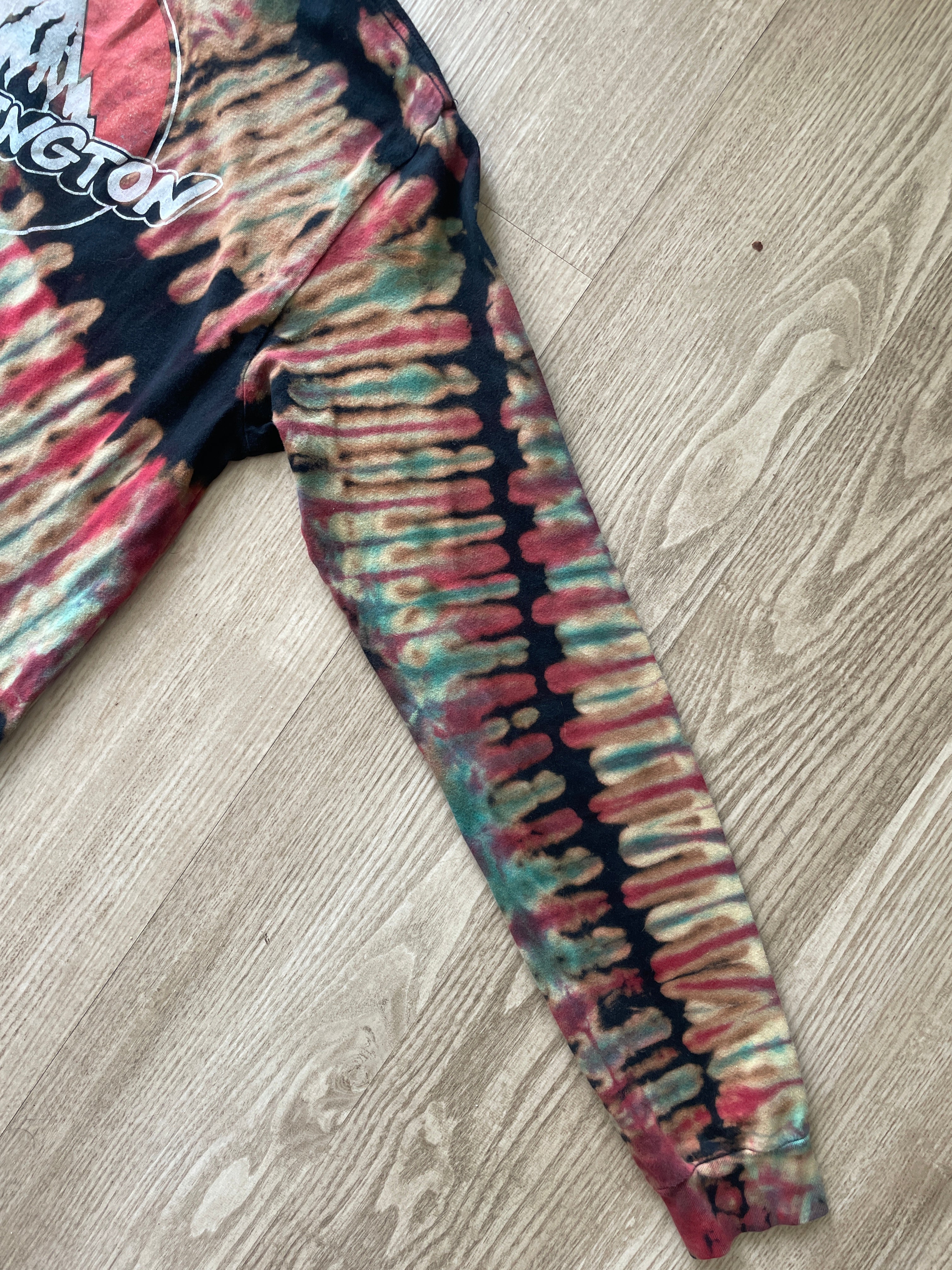MEDIUM Men’s Burton Burlington Flagship Store Handmade Reverse Tie Dye T-Shirt | One-Of-a-Kind Black, Blue, and Red Long Sleeve