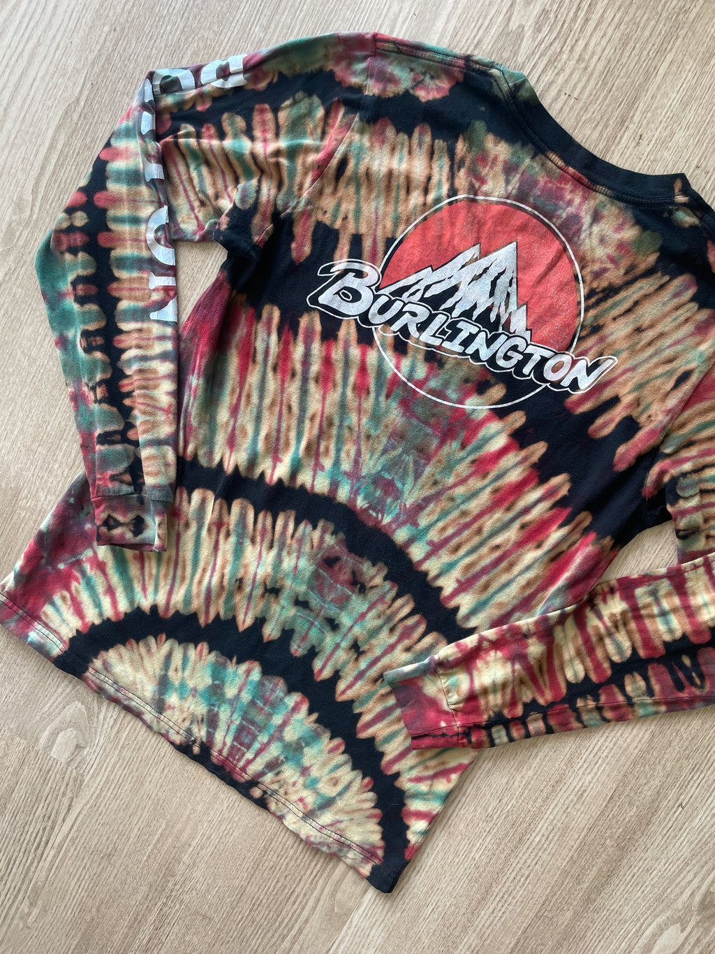 MEDIUM Men’s Burton Burlington Flagship Store Handmade Reverse Tie Dye T-Shirt | One-Of-a-Kind Black, Blue, and Red Long Sleeve