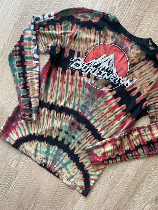 MEDIUM Men’s Burton Burlington Flagship Store Handmade Reverse Tie Dye T-Shirt | One-Of-a-Kind Black, Blue, and Red Long Sleeve