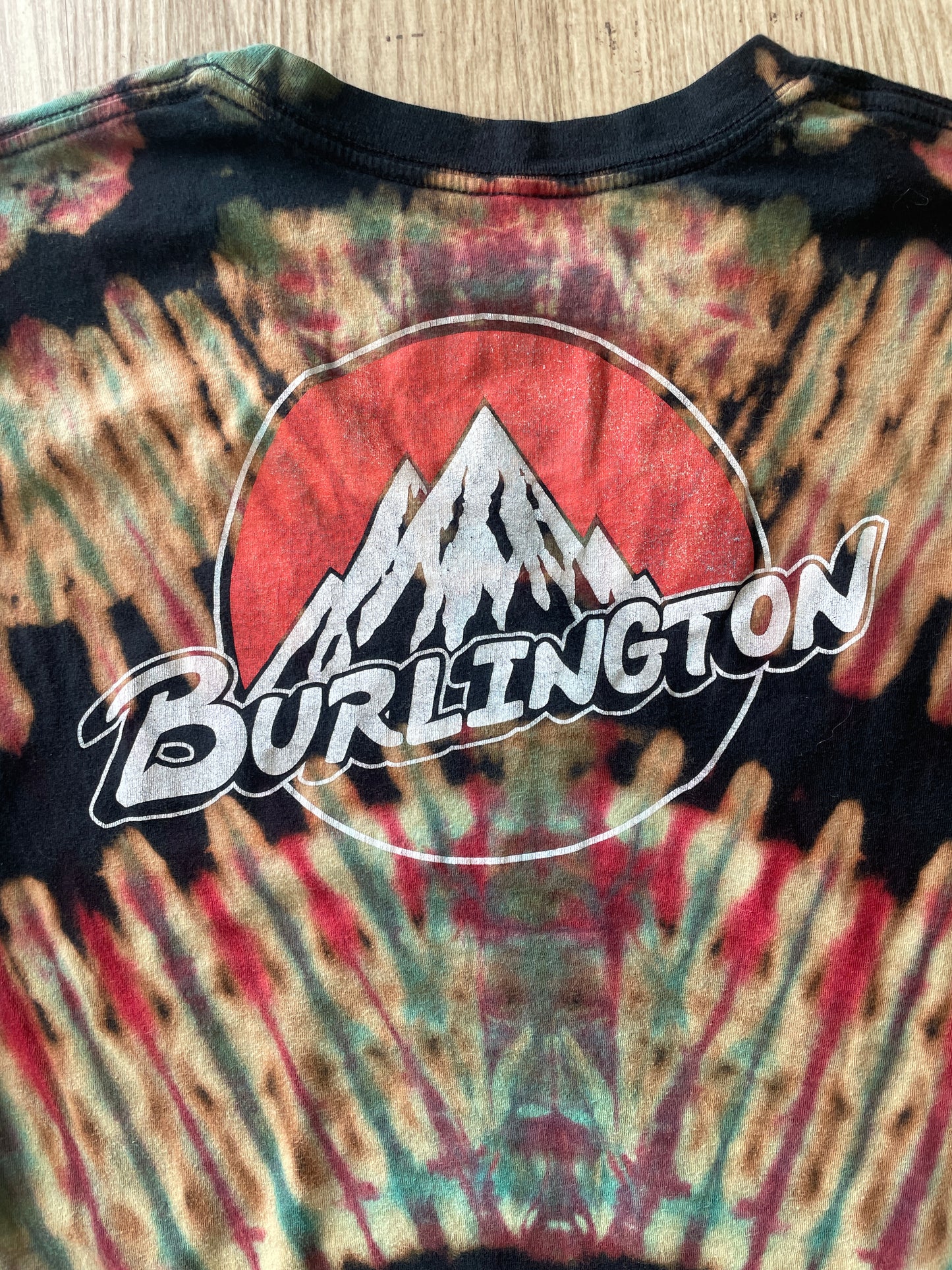MEDIUM Men’s Burton Burlington Flagship Store Handmade Reverse Tie Dye T-Shirt | One-Of-a-Kind Black, Blue, and Red Long Sleeve