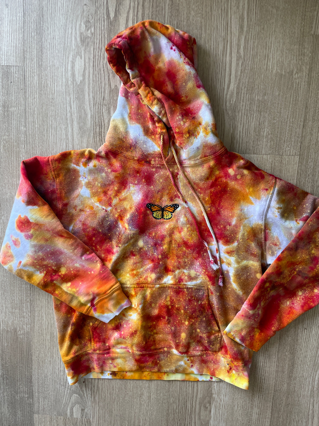 SMALL Women's Monarch Butterfly Galaxy Handmade Tie Dye Sweatshirt | One-Of-a-Kind Orange and White Long Sleeve Hoodie