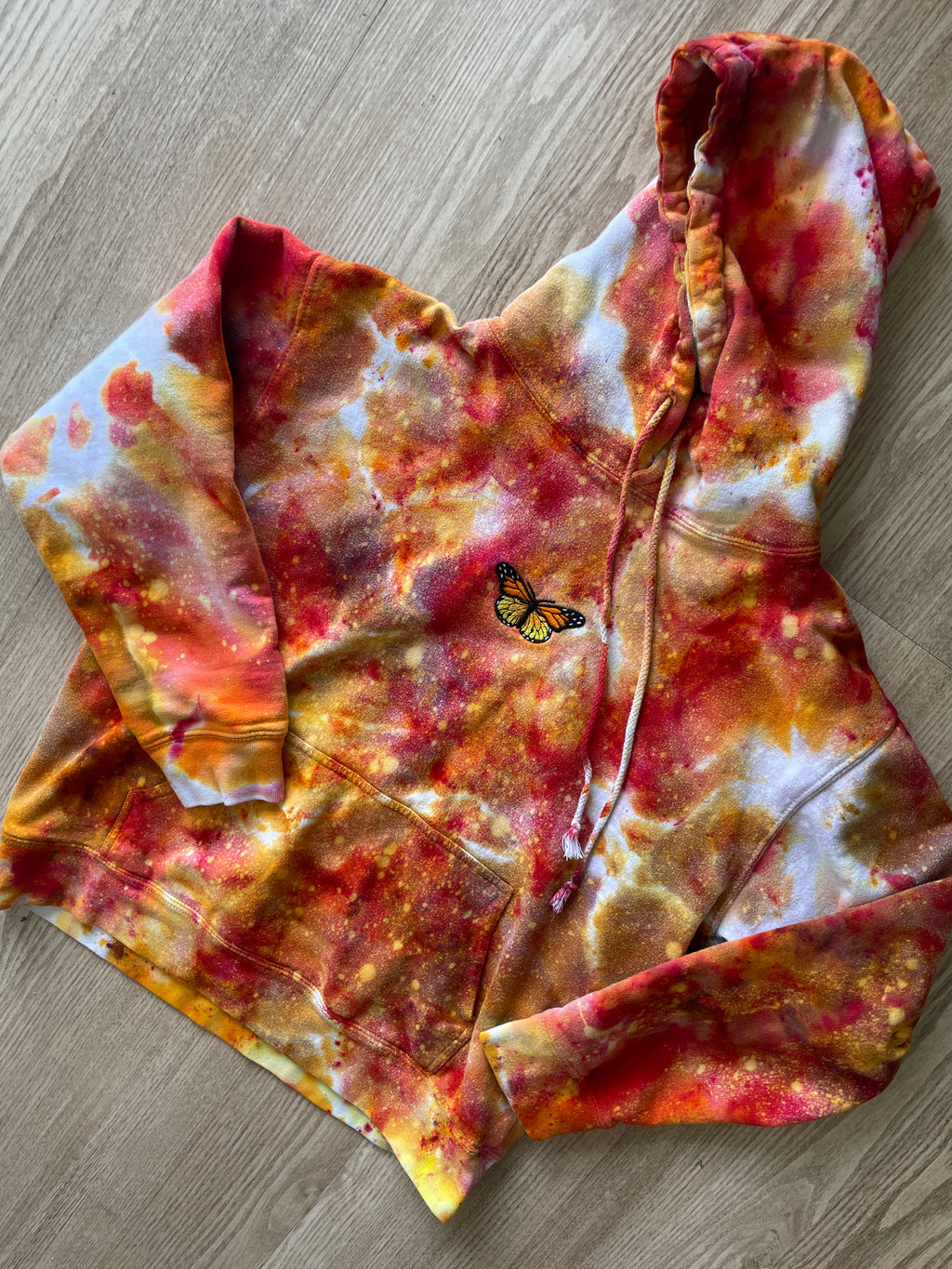 SMALL Women's Monarch Butterfly Galaxy Handmade Tie Dye Sweatshirt | One-Of-a-Kind Orange and White Long Sleeve Hoodie