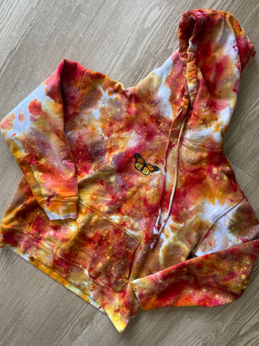 SMALL Women's Monarch Butterfly Galaxy Handmade Tie Dye Sweatshirt | One-Of-a-Kind Orange and White Long Sleeve Hoodie