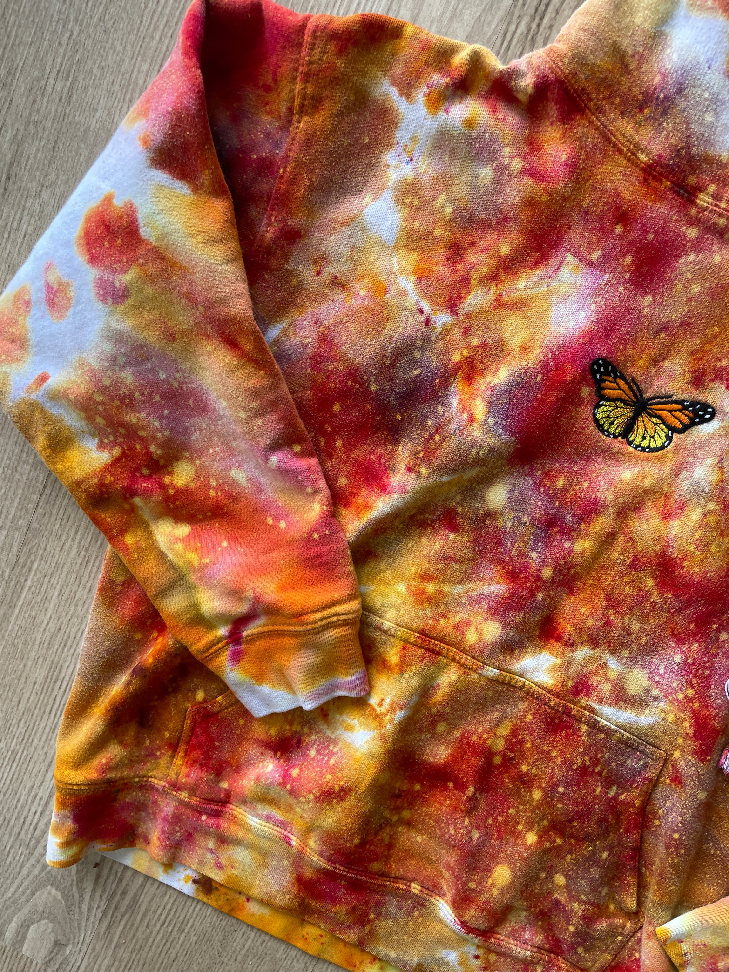 SMALL Women's Monarch Butterfly Galaxy Handmade Tie Dye Sweatshirt | One-Of-a-Kind Orange and White Long Sleeve Hoodie