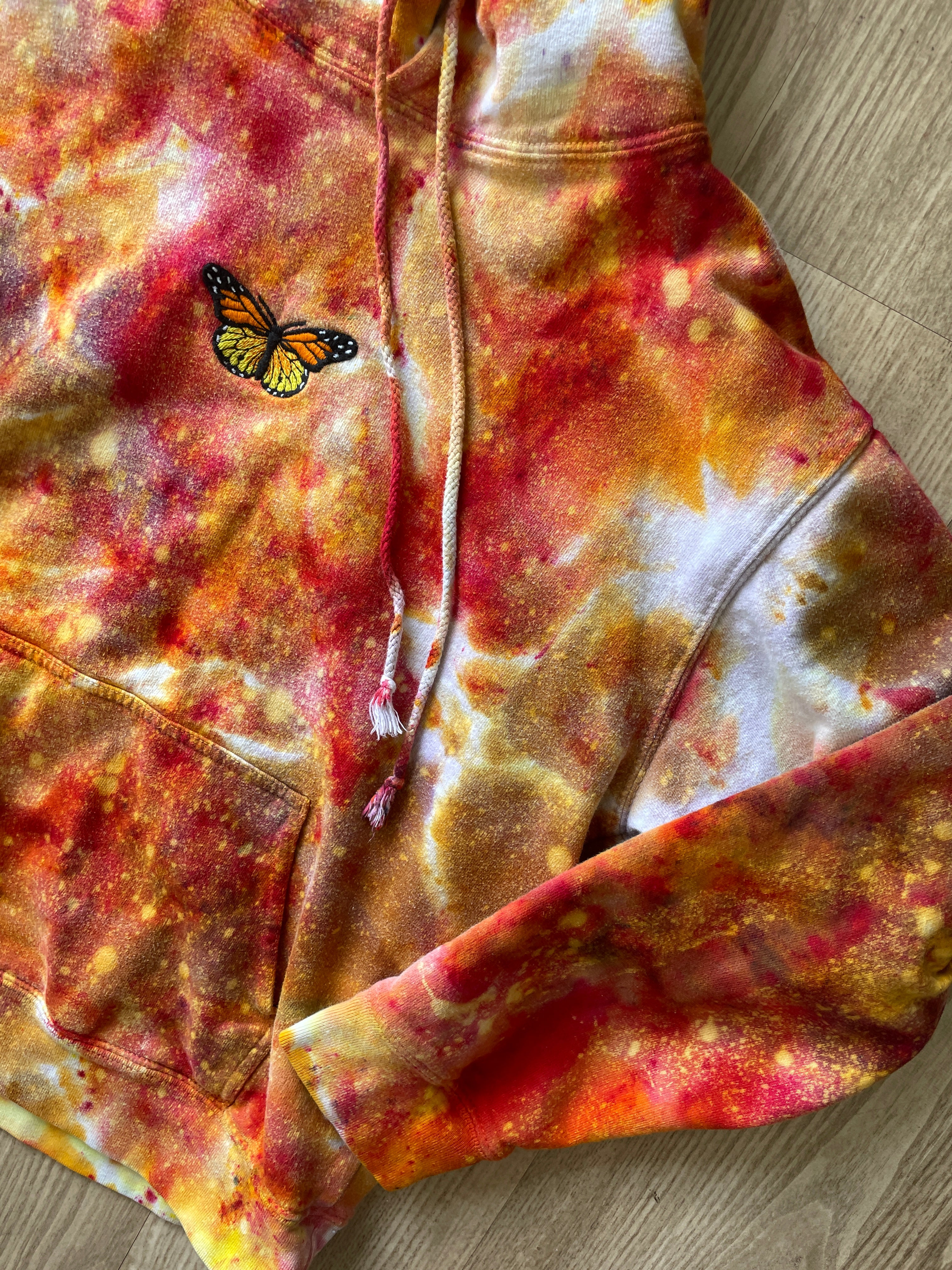 SMALL Women's Monarch Butterfly Galaxy Handmade Tie Dye Sweatshirt | One-Of-a-Kind Orange and White Long Sleeve Hoodie