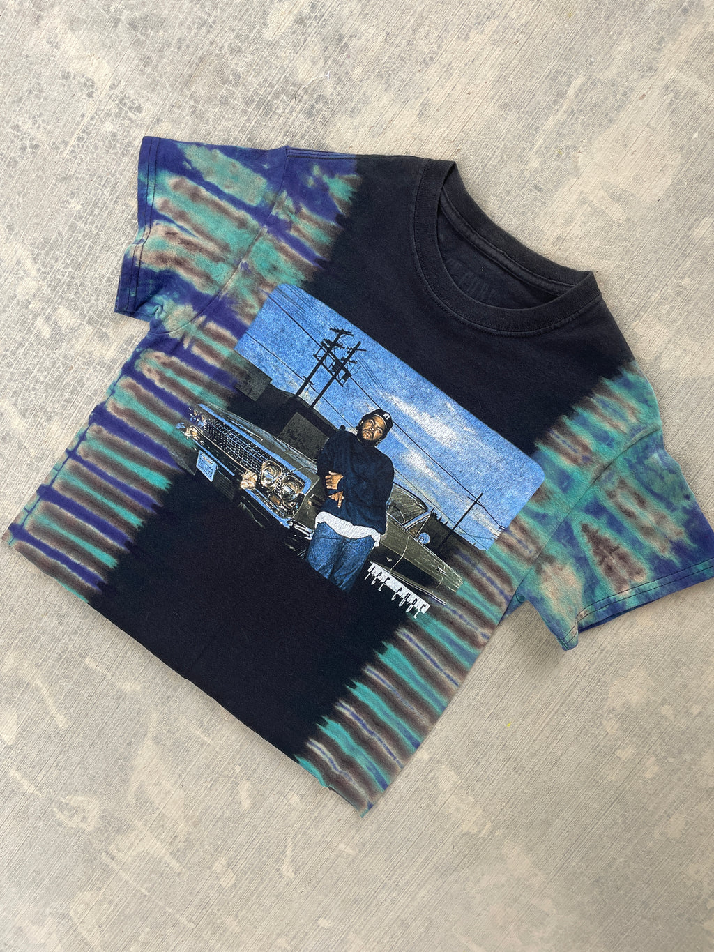 Ice Cube Low Rider Black and Blue Short Sleeve Tie Dye Crop Top | Men's Small