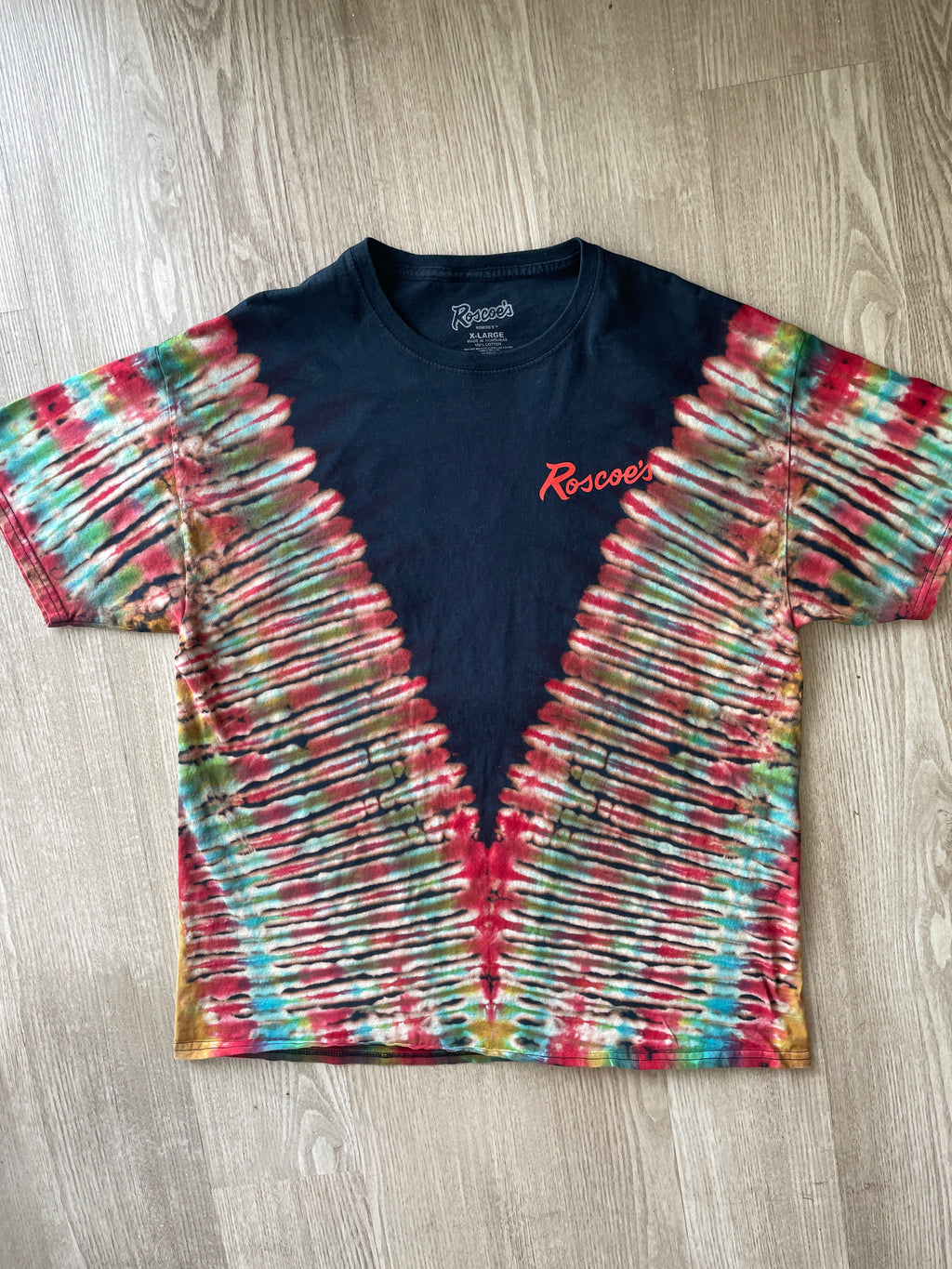 XL Men’s Roscoe's Chicken n Waffles Handmade Reverse Tie Dye T-Shirt | One-Of-a-Kind Black, Red, and Blue Short Sleeve