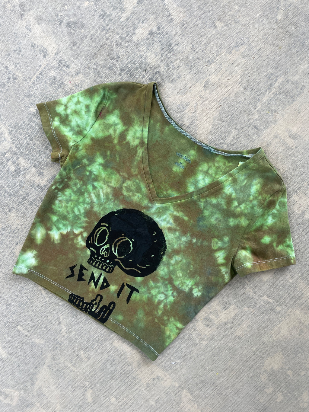 Hand-Printed Send It Skull Green and Brown Reverse Tie Dye Crop Top | Women's Size Medium