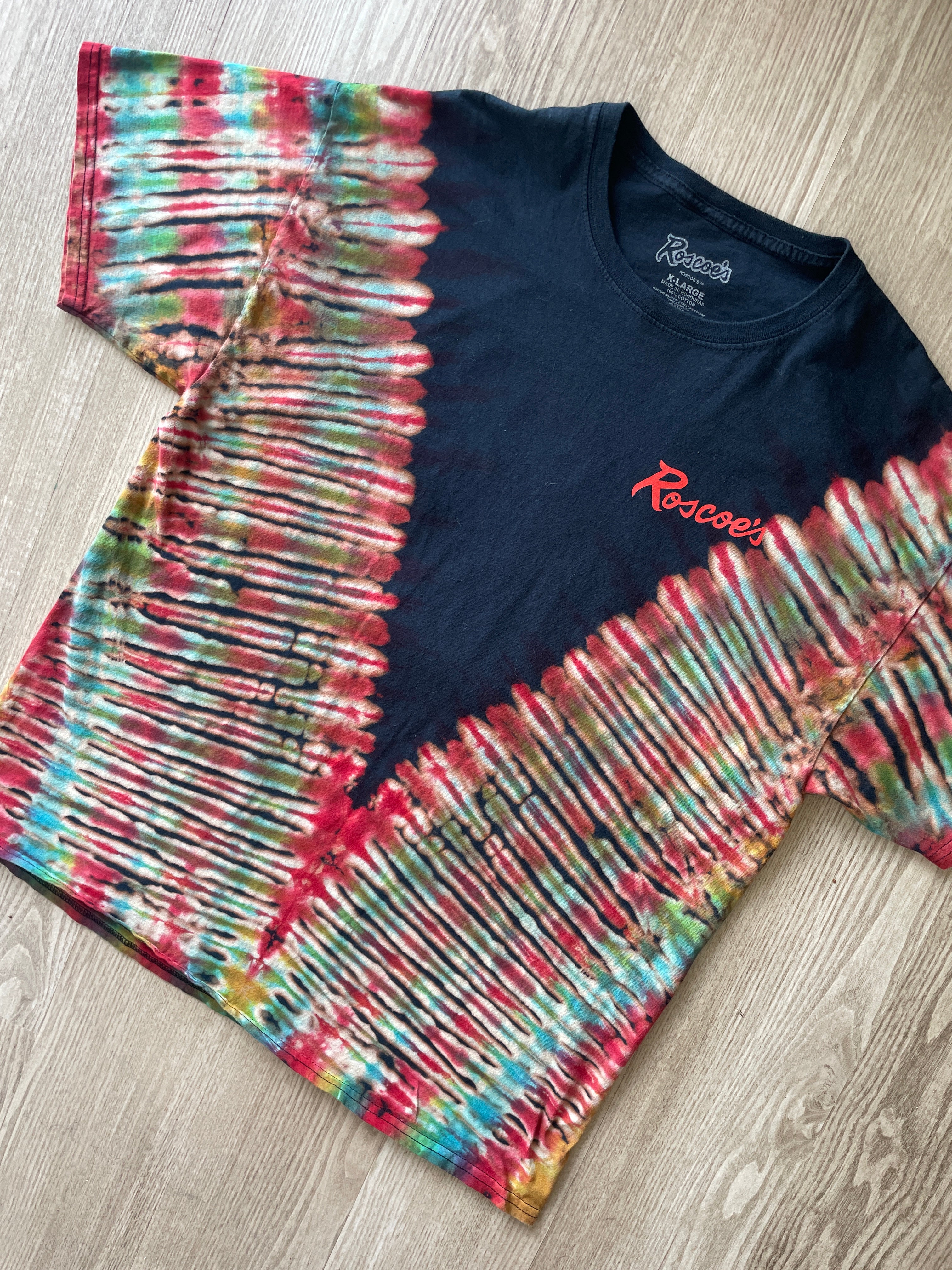 XL Men’s Roscoe's Chicken n Waffles Handmade Reverse Tie Dye T-Shirt | One-Of-a-Kind Black, Red, and Blue Short Sleeve