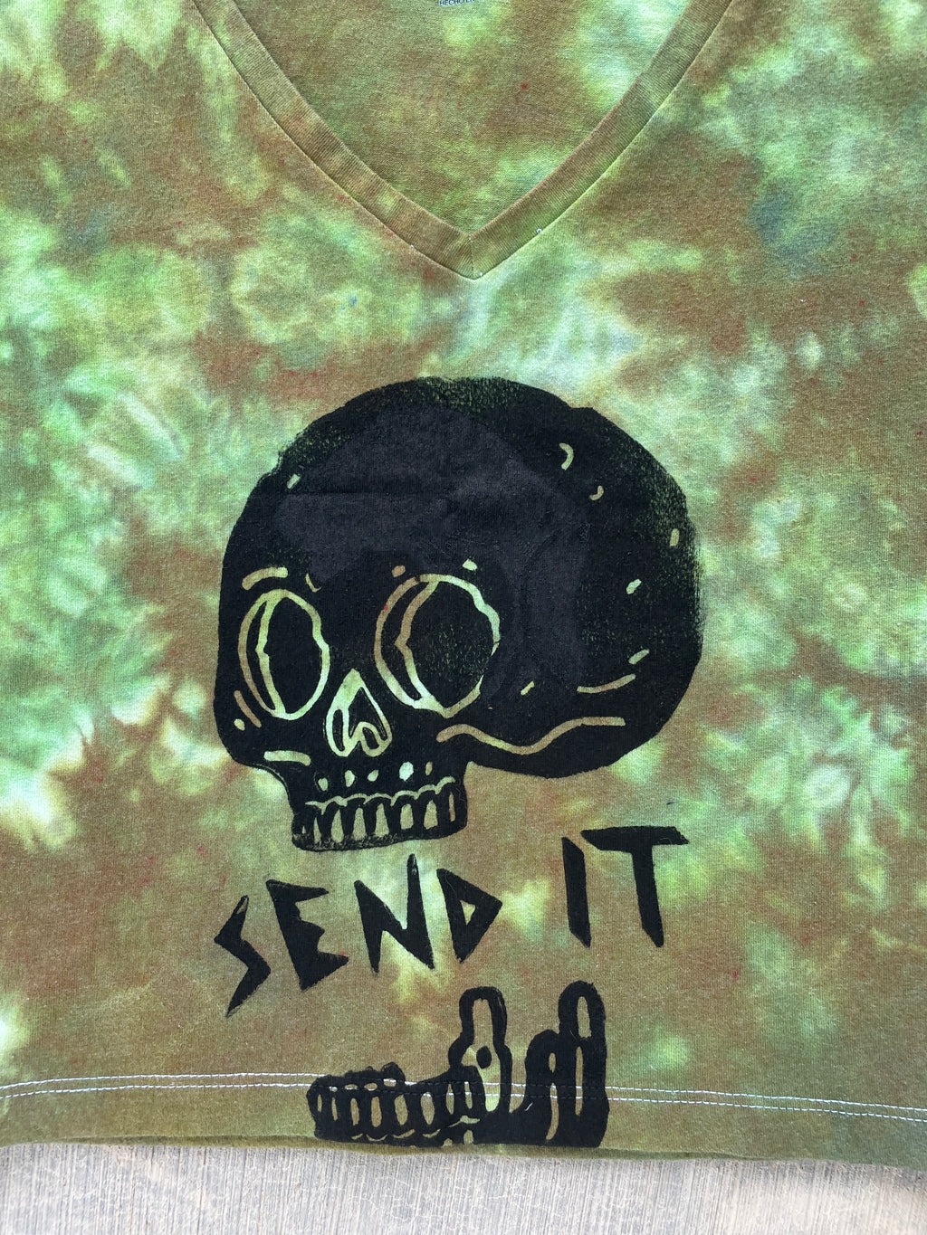 Hand-Printed Send It Skull Green and Brown Reverse Tie Dye Crop Top | Women's Size Medium