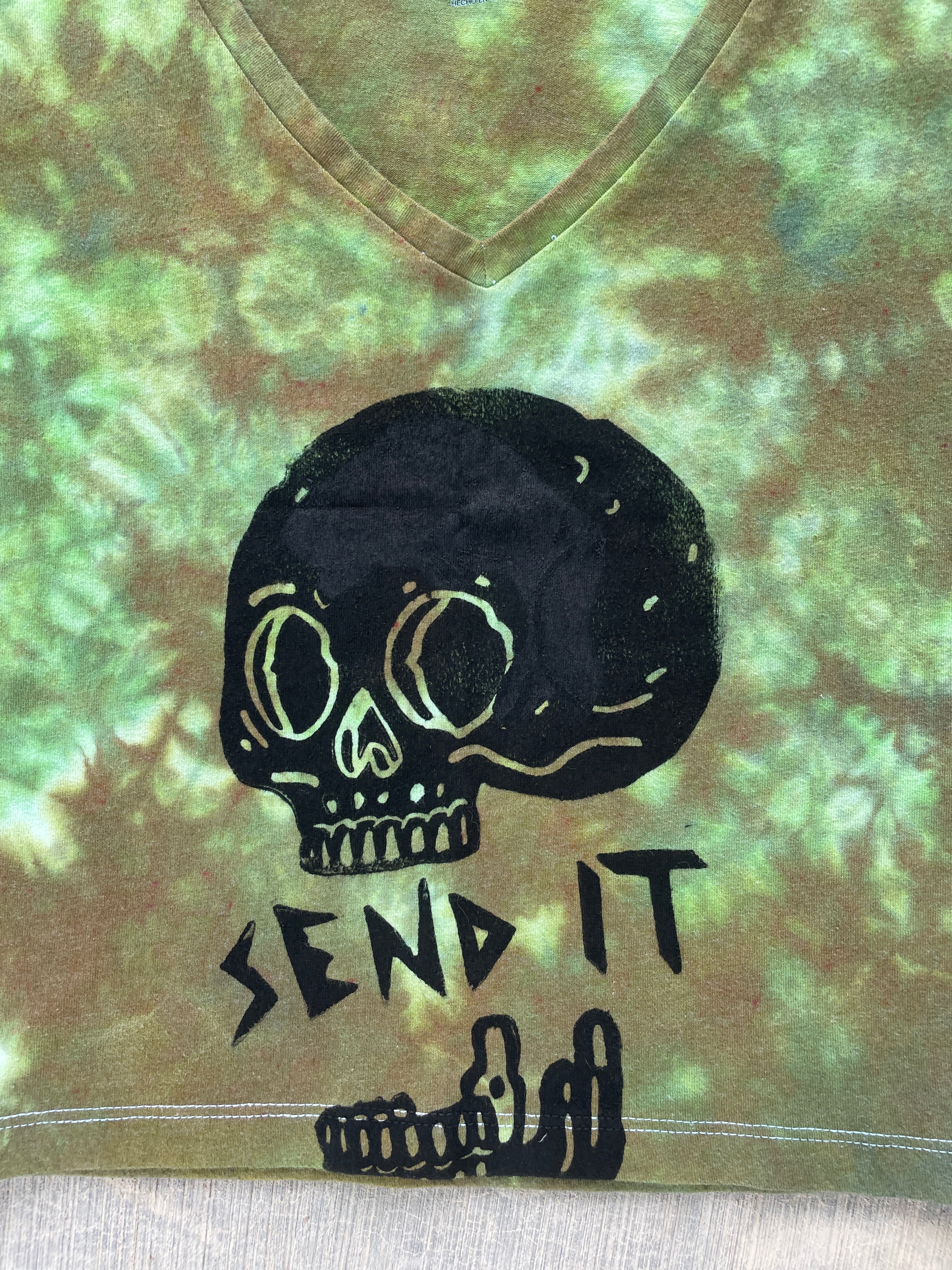 Hand-Printed Send It Skull Green and Brown Reverse Tie Dye Crop Top | Women's Size Medium