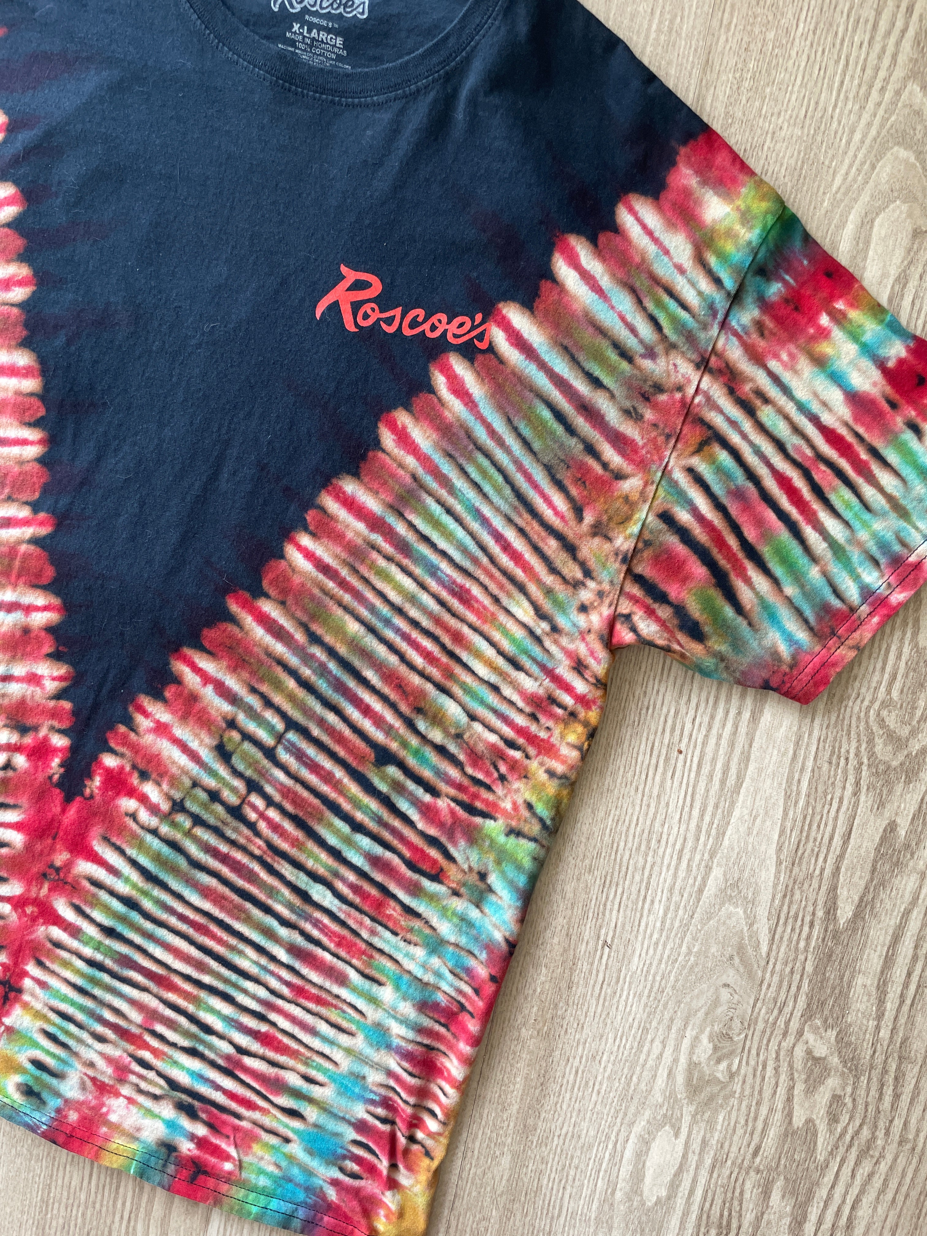 XL Men’s Roscoe's Chicken n Waffles Handmade Reverse Tie Dye T-Shirt | One-Of-a-Kind Black, Red, and Blue Short Sleeve