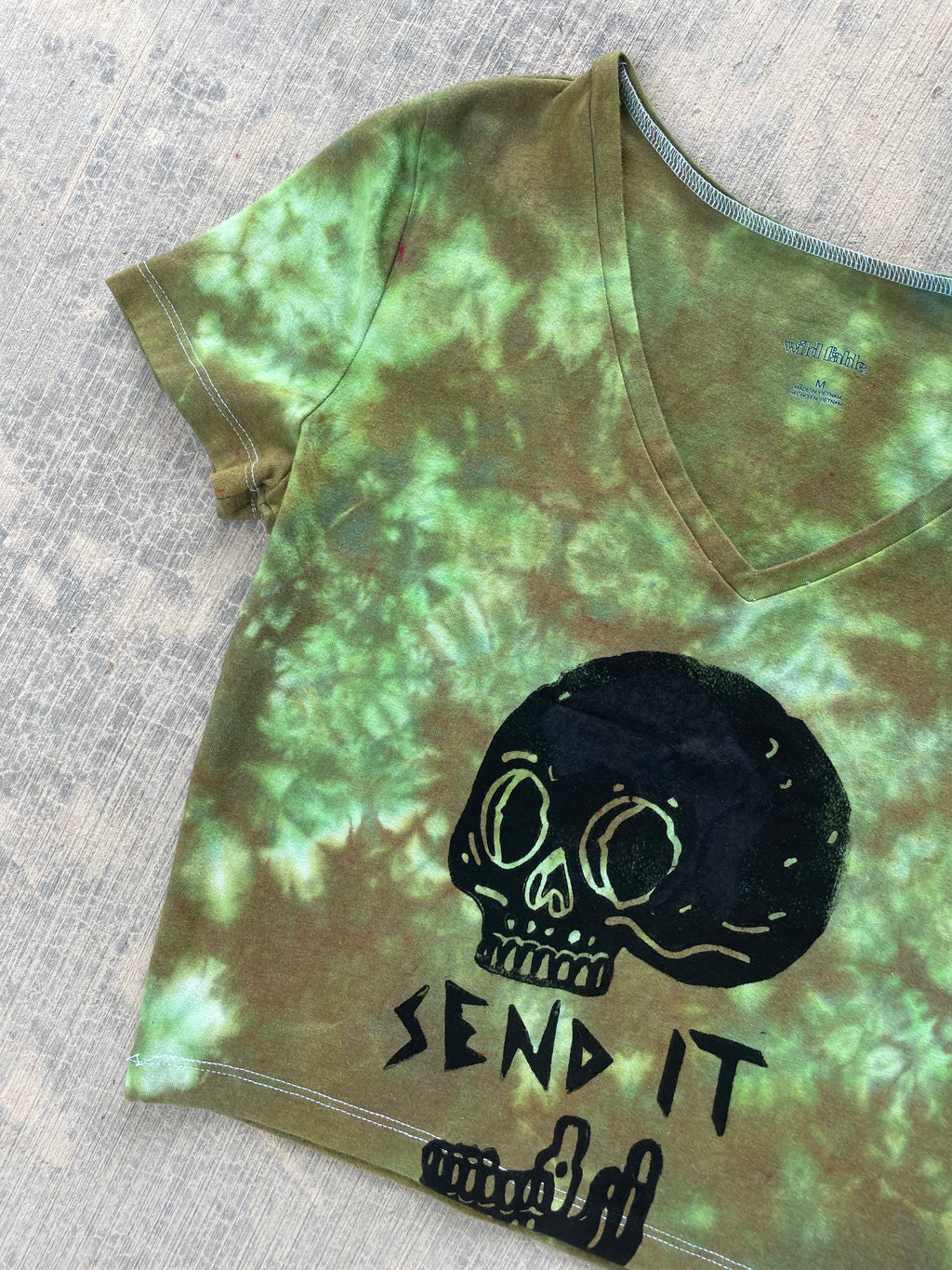 Hand-Printed Send It Skull Green and Brown Reverse Tie Dye Crop Top | Women's Size Medium