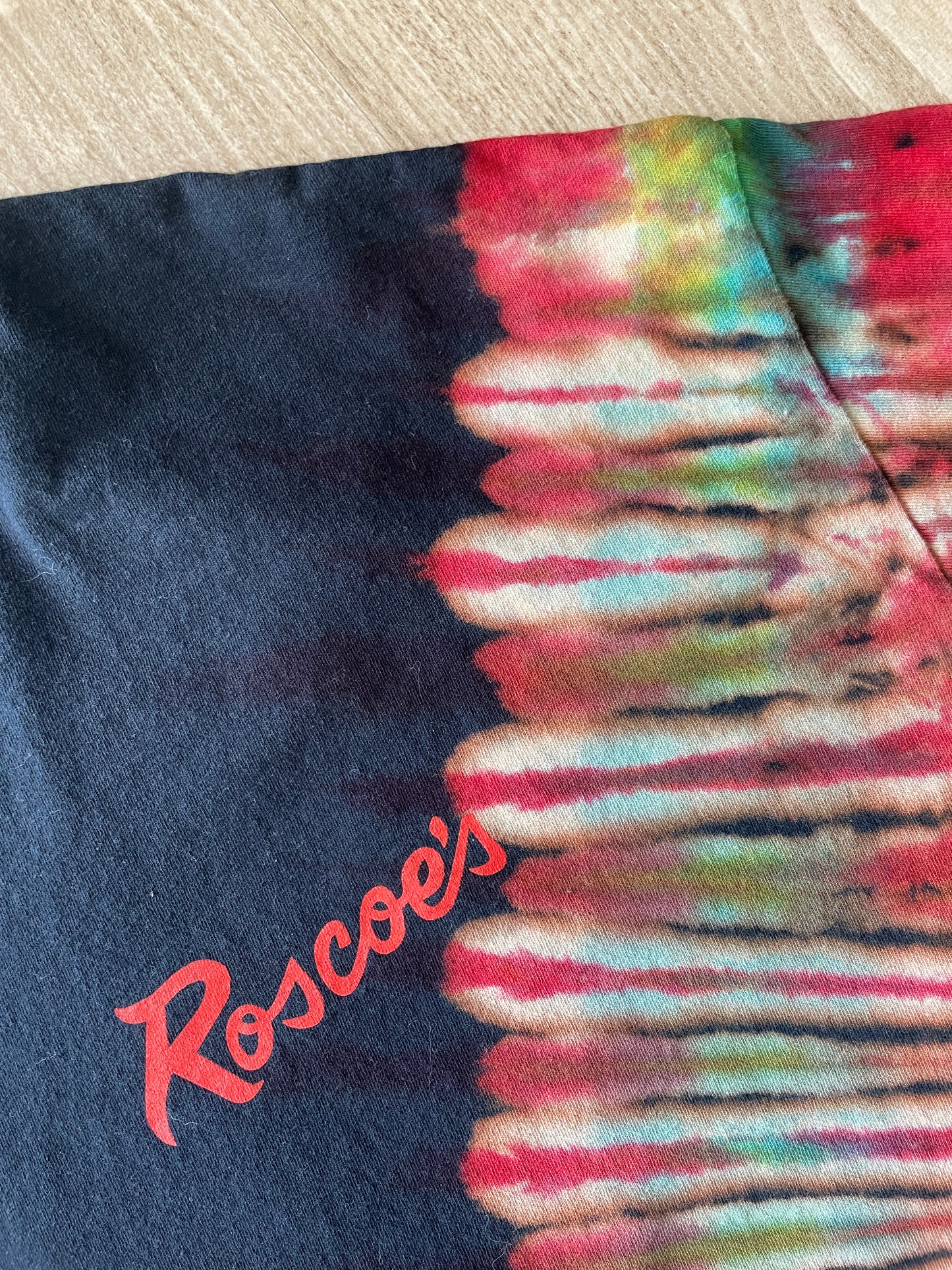 XL Men’s Roscoe's Chicken n Waffles Handmade Reverse Tie Dye T-Shirt | One-Of-a-Kind Black, Red, and Blue Short Sleeve