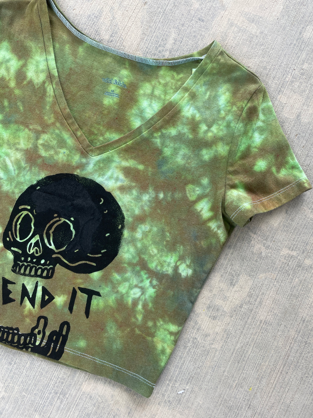 Hand-Printed Send It Skull Green and Brown Reverse Tie Dye Crop Top | Women's Size Medium
