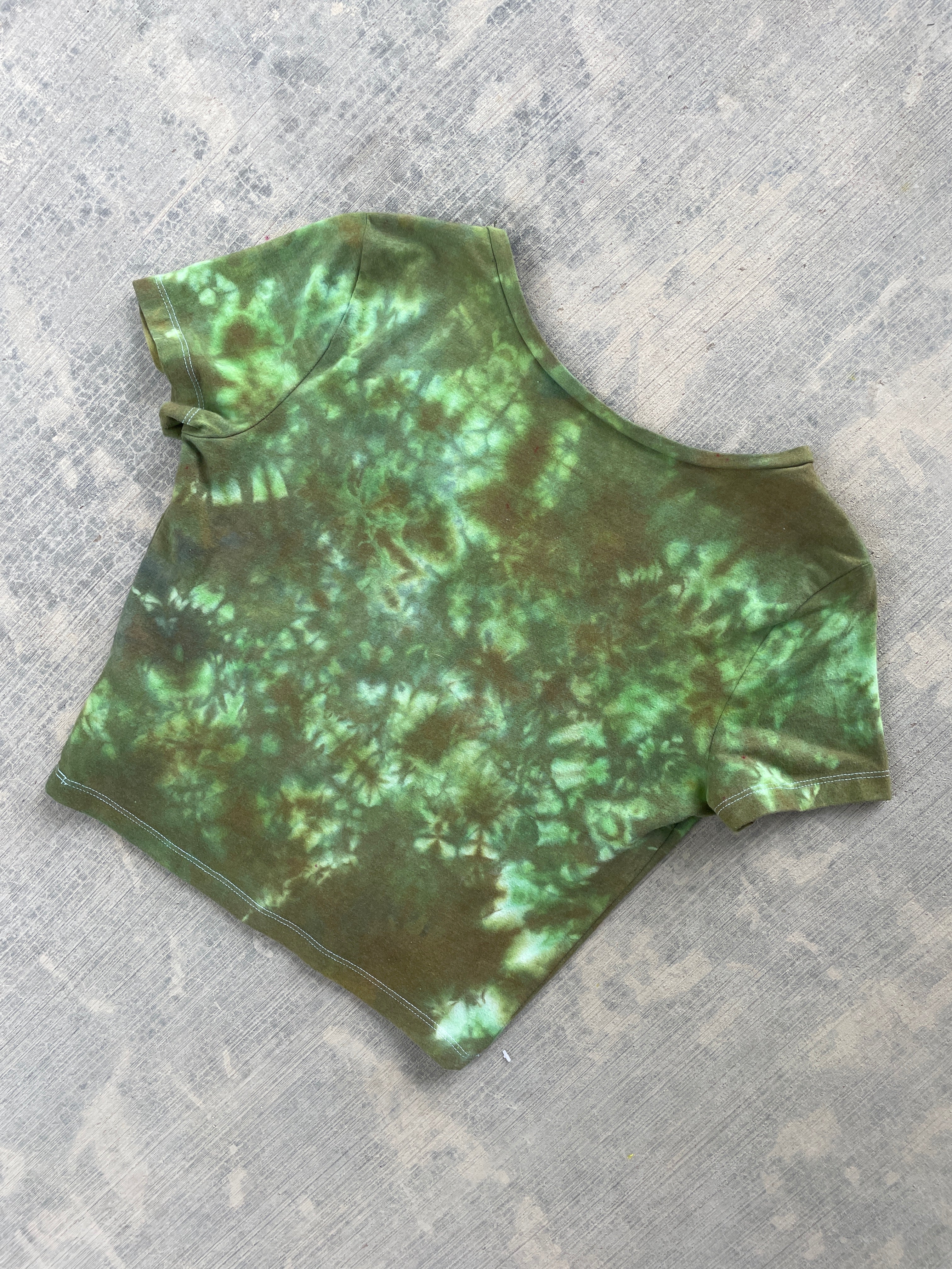 Hand-Printed Send It Skull Green and Brown Reverse Tie Dye Crop Top | Women's Size Medium