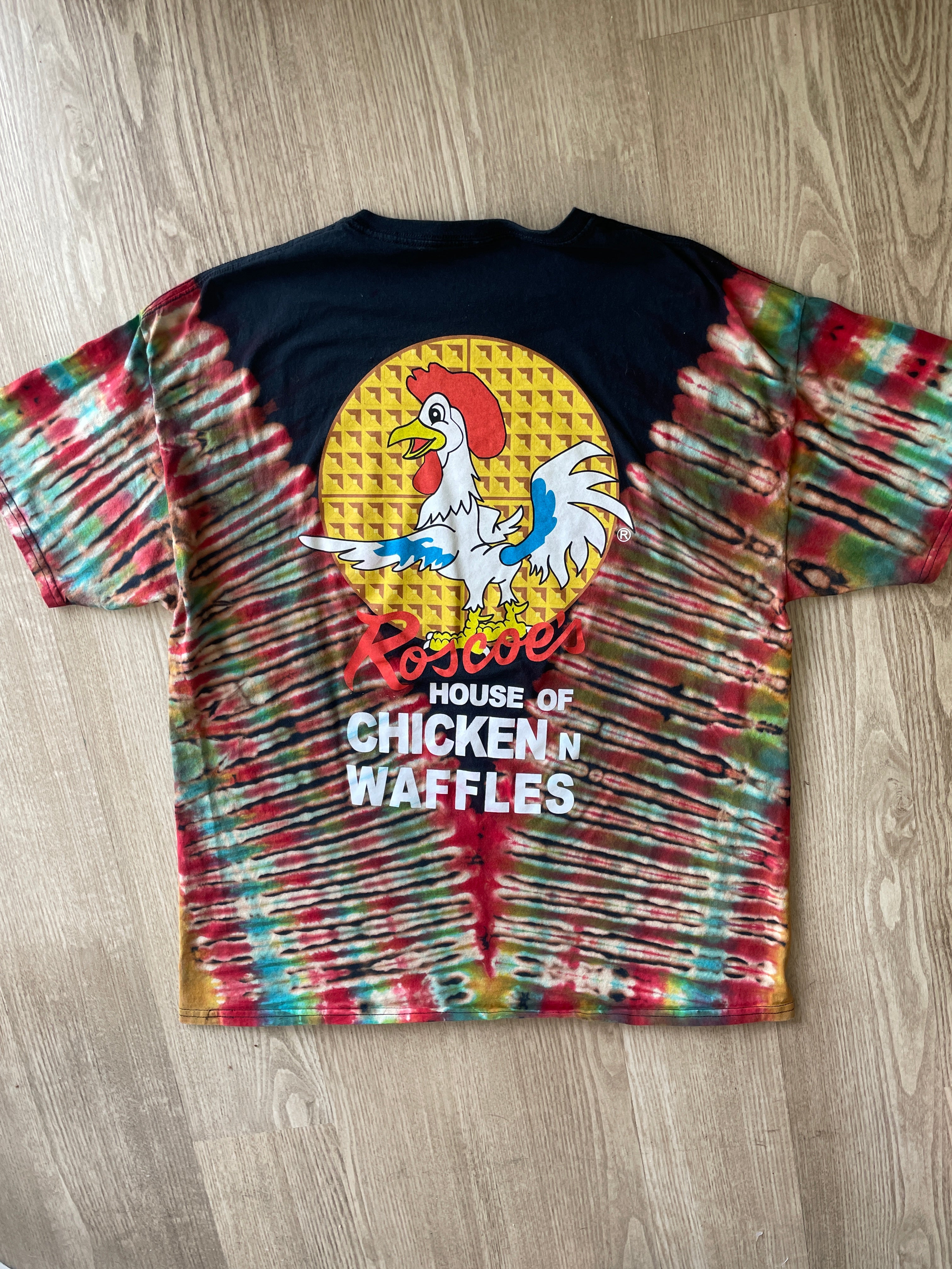 XL Men’s Roscoe's Chicken n Waffles Handmade Reverse Tie Dye T-Shirt | One-Of-a-Kind Black, Red, and Blue Short Sleeve