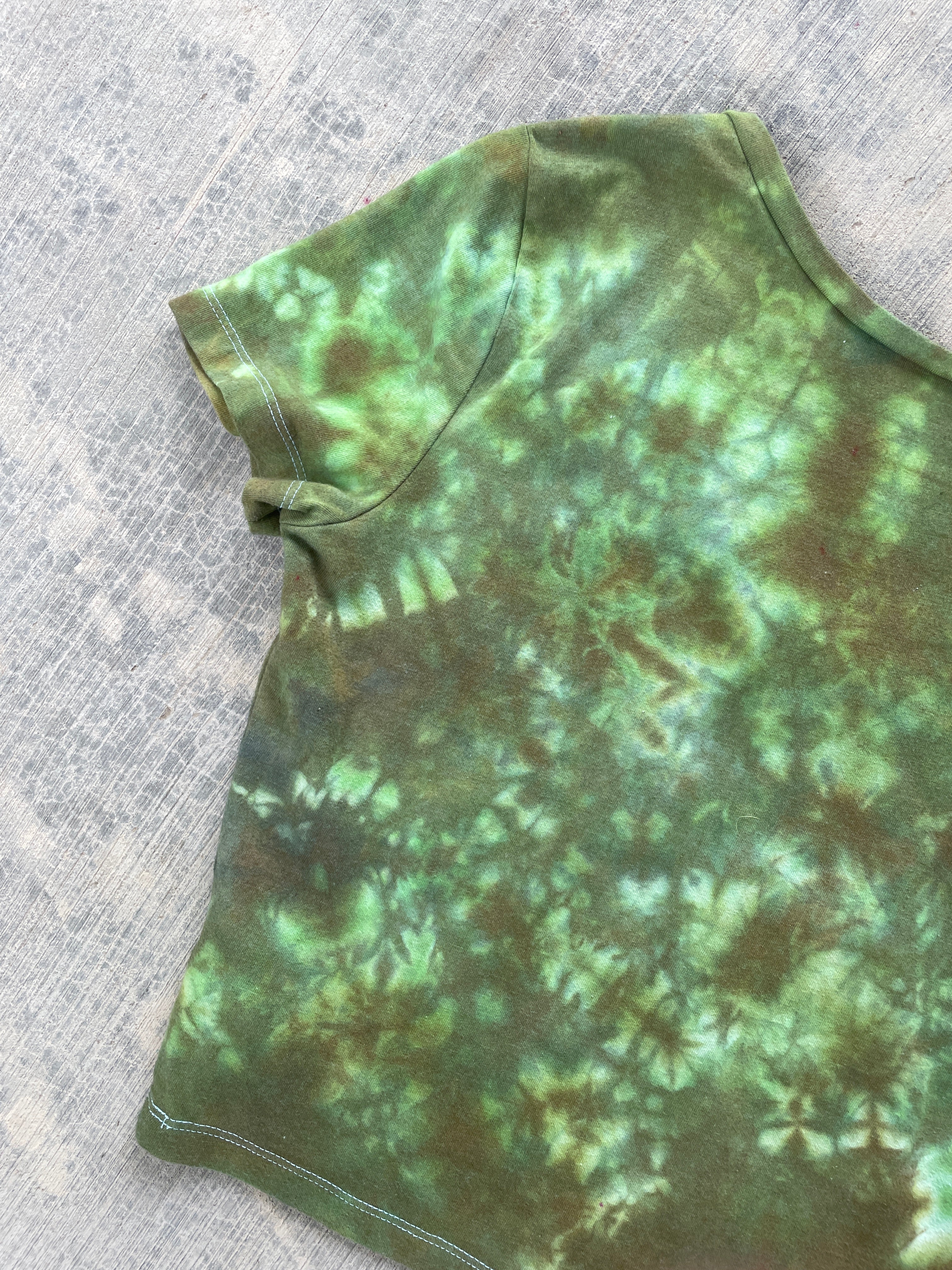 Hand-Printed Send It Skull Green and Brown Reverse Tie Dye Crop Top | Women's Size Medium