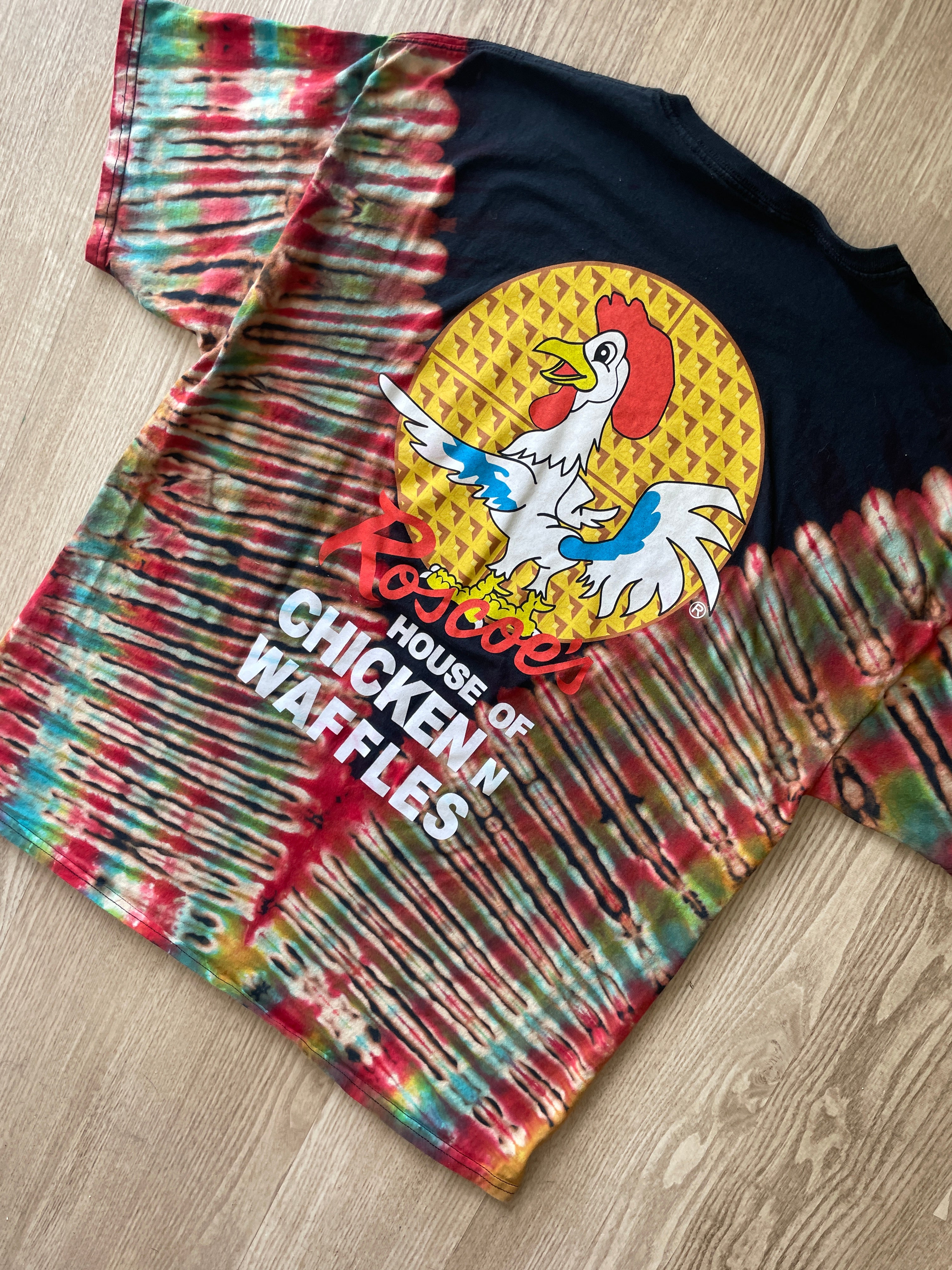 XL Men’s Roscoe's Chicken n Waffles Handmade Reverse Tie Dye T-Shirt | One-Of-a-Kind Black, Red, and Blue Short Sleeve
