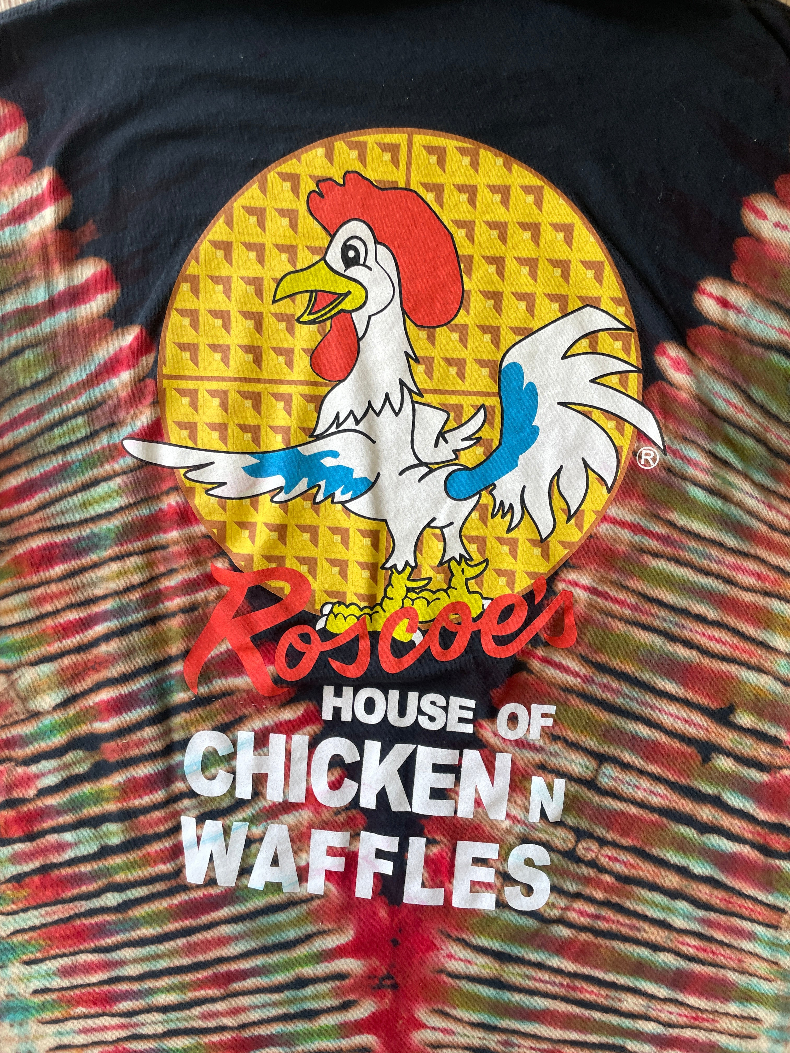 XL Men’s Roscoe's Chicken n Waffles Handmade Reverse Tie Dye T-Shirt | One-Of-a-Kind Black, Red, and Blue Short Sleeve