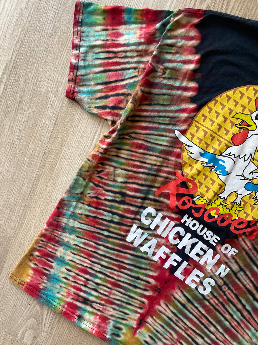 XL Men’s Roscoe's Chicken n Waffles Handmade Reverse Tie Dye T-Shirt | One-Of-a-Kind Black, Red, and Blue Short Sleeve