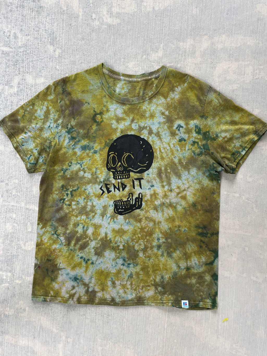 Misprinted Send It Skull Green and Gray Reverse Tie Dye Short Sleeve T-Shirt | Men's Size XL