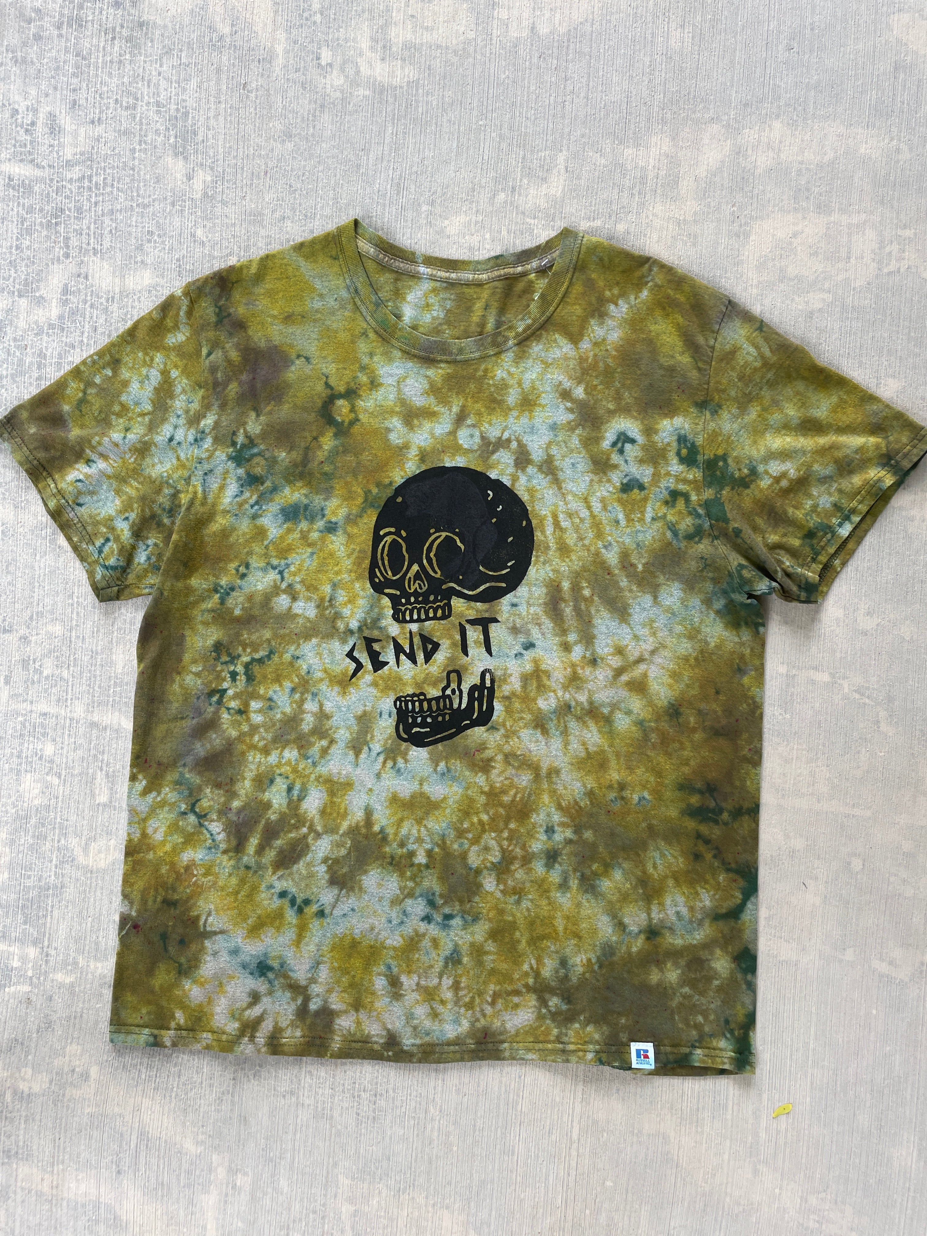 Misprinted Send It Skull Green and Gray Reverse Tie Dye Short Sleeve T-Shirt | Men's Size XL
