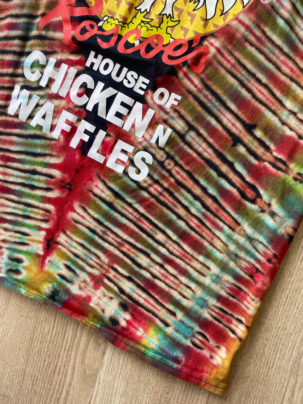 XL Men’s Roscoe's Chicken n Waffles Handmade Reverse Tie Dye T-Shirt | One-Of-a-Kind Black, Red, and Blue Short Sleeve