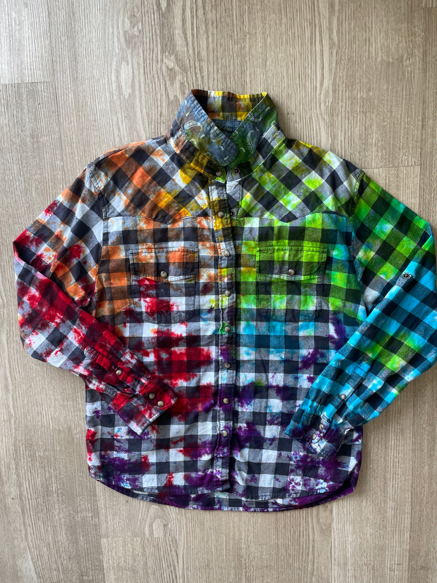 XL Women’s Rainbow, Black, and White Handmade Tie Dye Flannel Shirt | One-Of-a-Kind Upcycled Long Sleeve