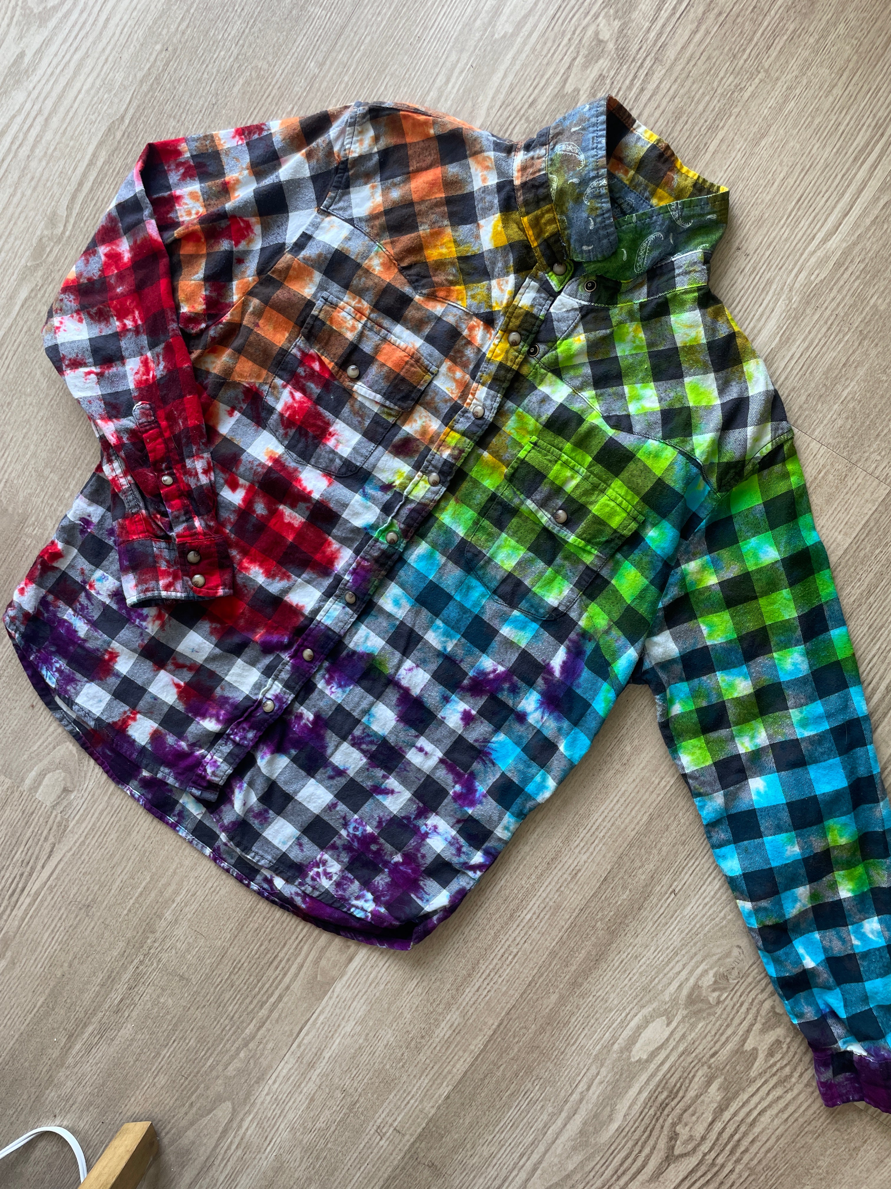 XL Women’s Rainbow, Black, and White Handmade Tie Dye Flannel Shirt | One-Of-a-Kind Upcycled Long Sleeve