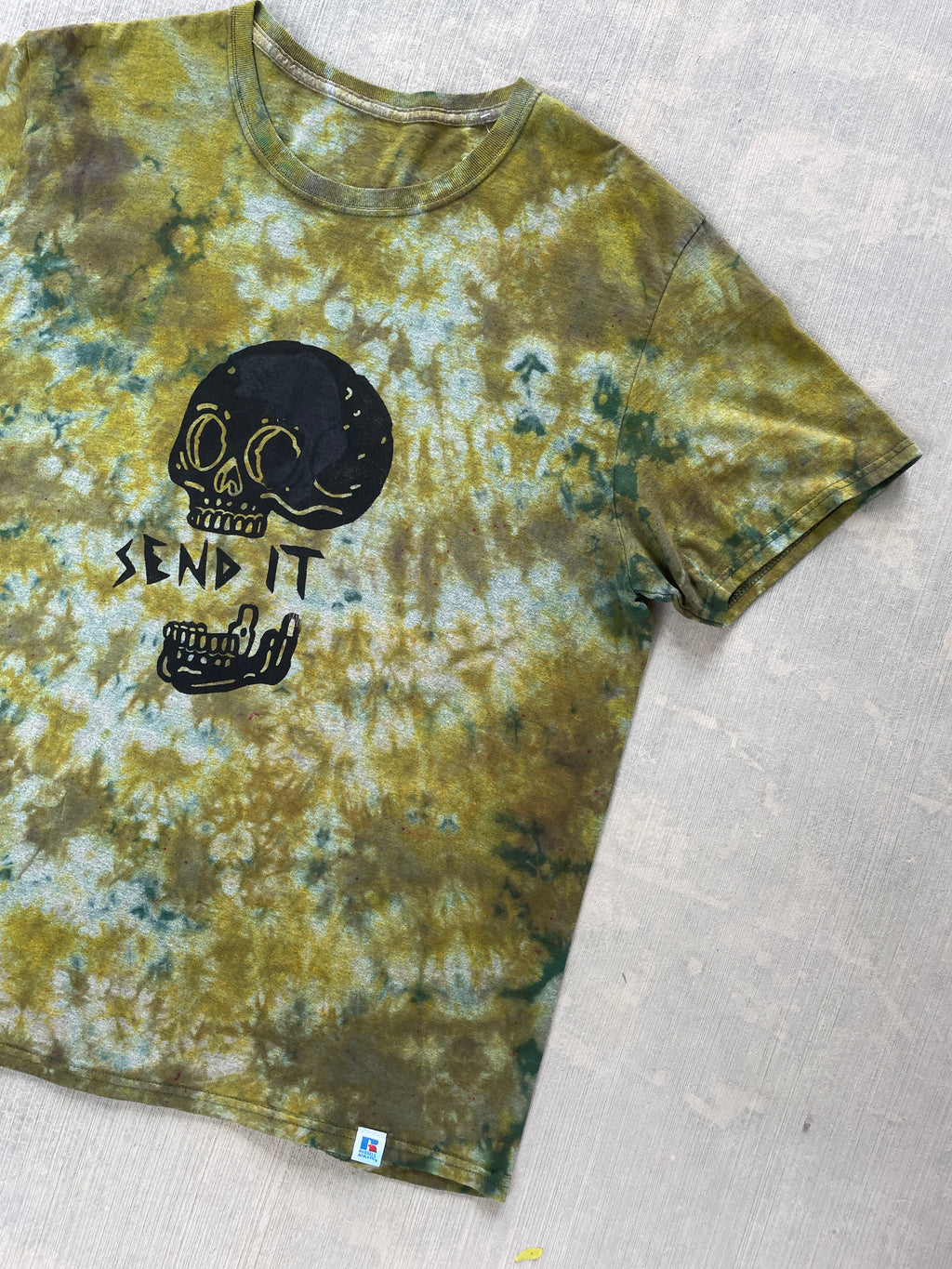 Misprinted Send It Skull Green and Gray Reverse Tie Dye Short Sleeve T-Shirt | Men's Size XL