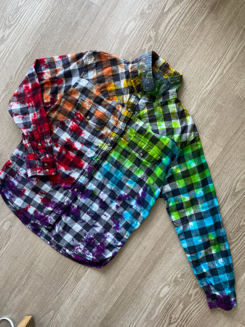 XL Women’s Rainbow, Black, and White Handmade Tie Dye Flannel Shirt | One-Of-a-Kind Upcycled Long Sleeve