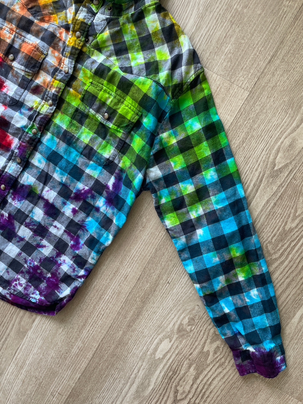 XL Women’s Rainbow, Black, and White Handmade Tie Dye Flannel Shirt | One-Of-a-Kind Upcycled Long Sleeve