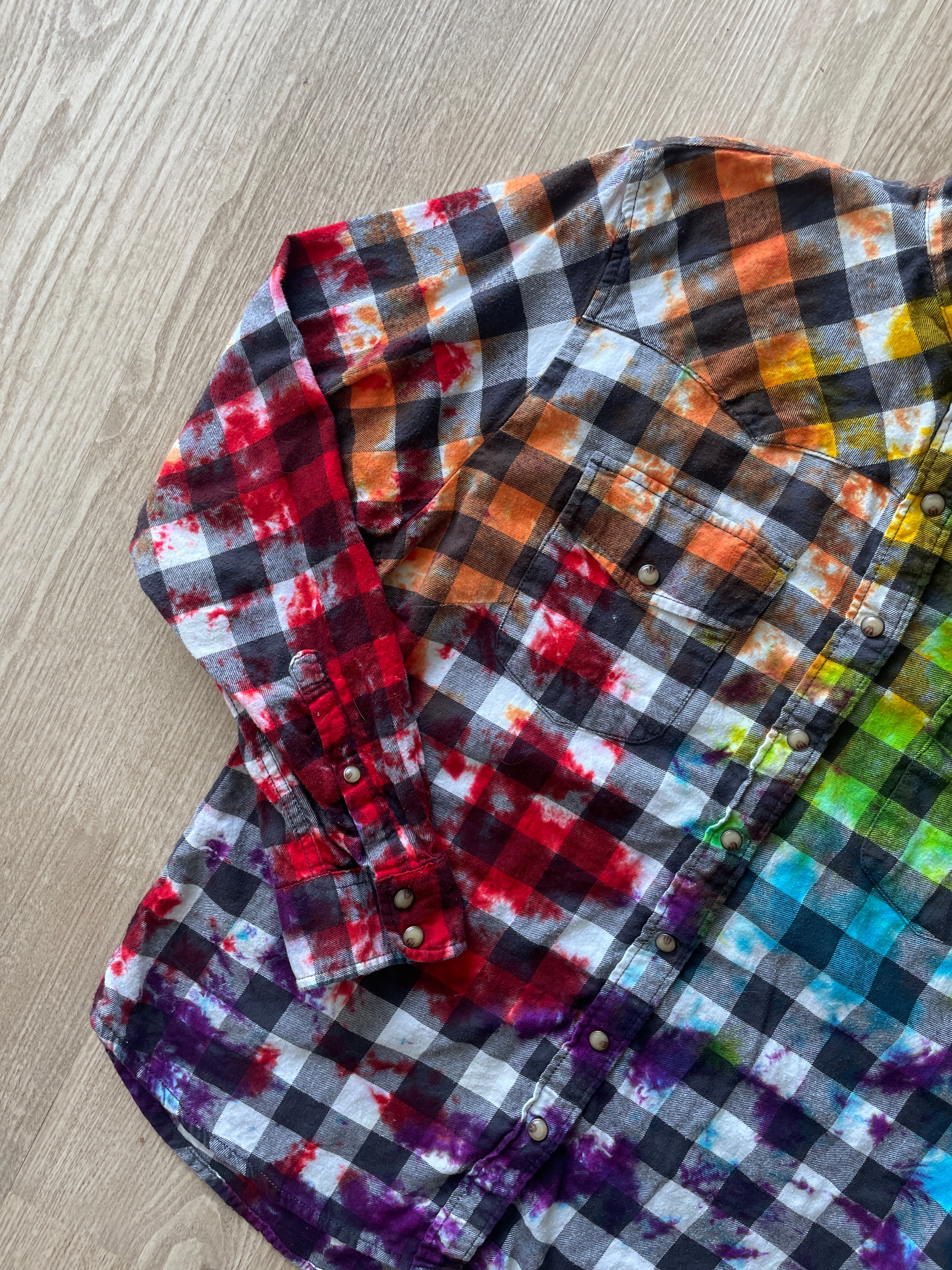 XL Women’s Rainbow, Black, and White Handmade Tie Dye Flannel Shirt | One-Of-a-Kind Upcycled Long Sleeve