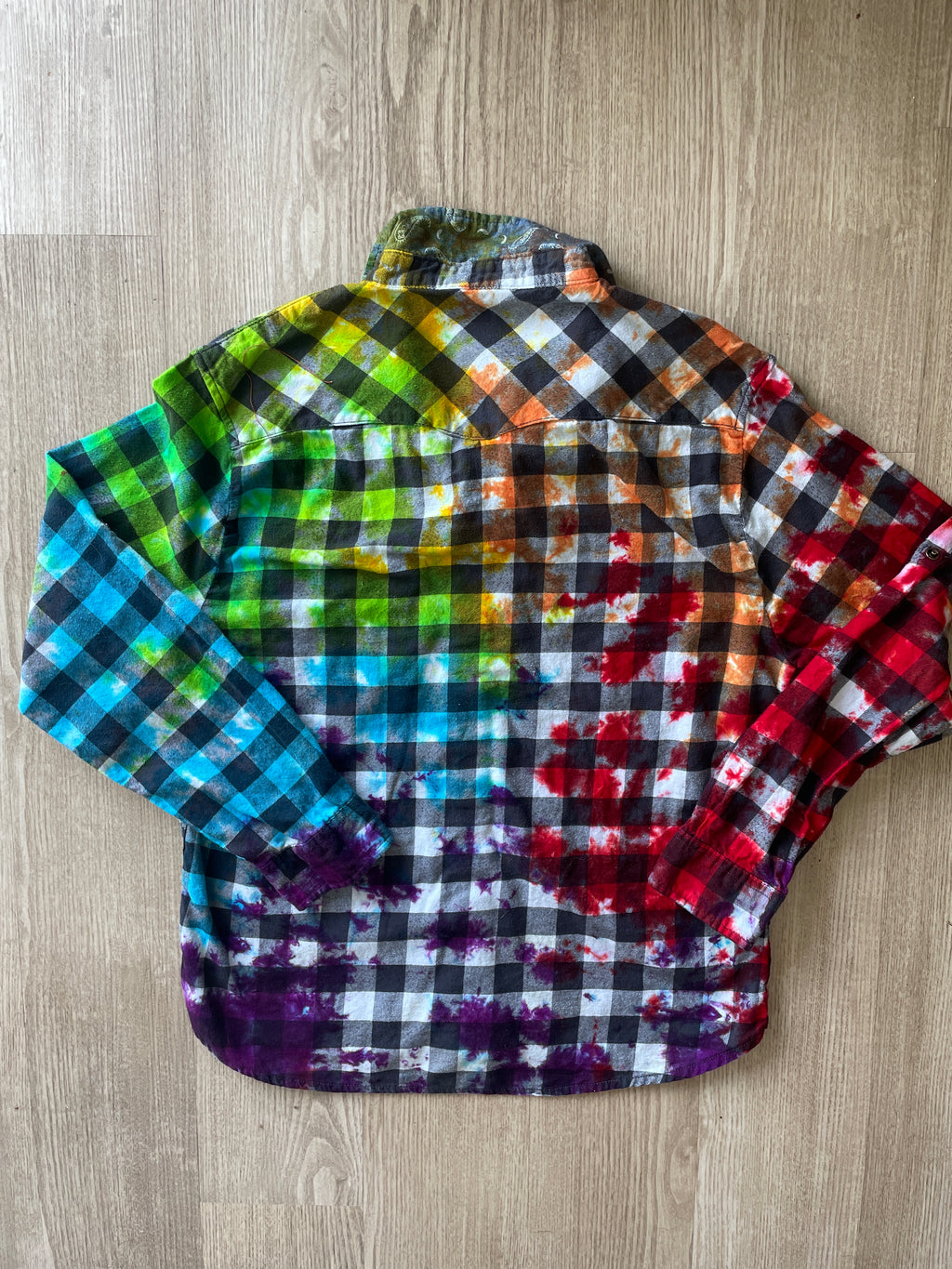 XL Women’s Rainbow, Black, and White Handmade Tie Dye Flannel Shirt | One-Of-a-Kind Upcycled Long Sleeve