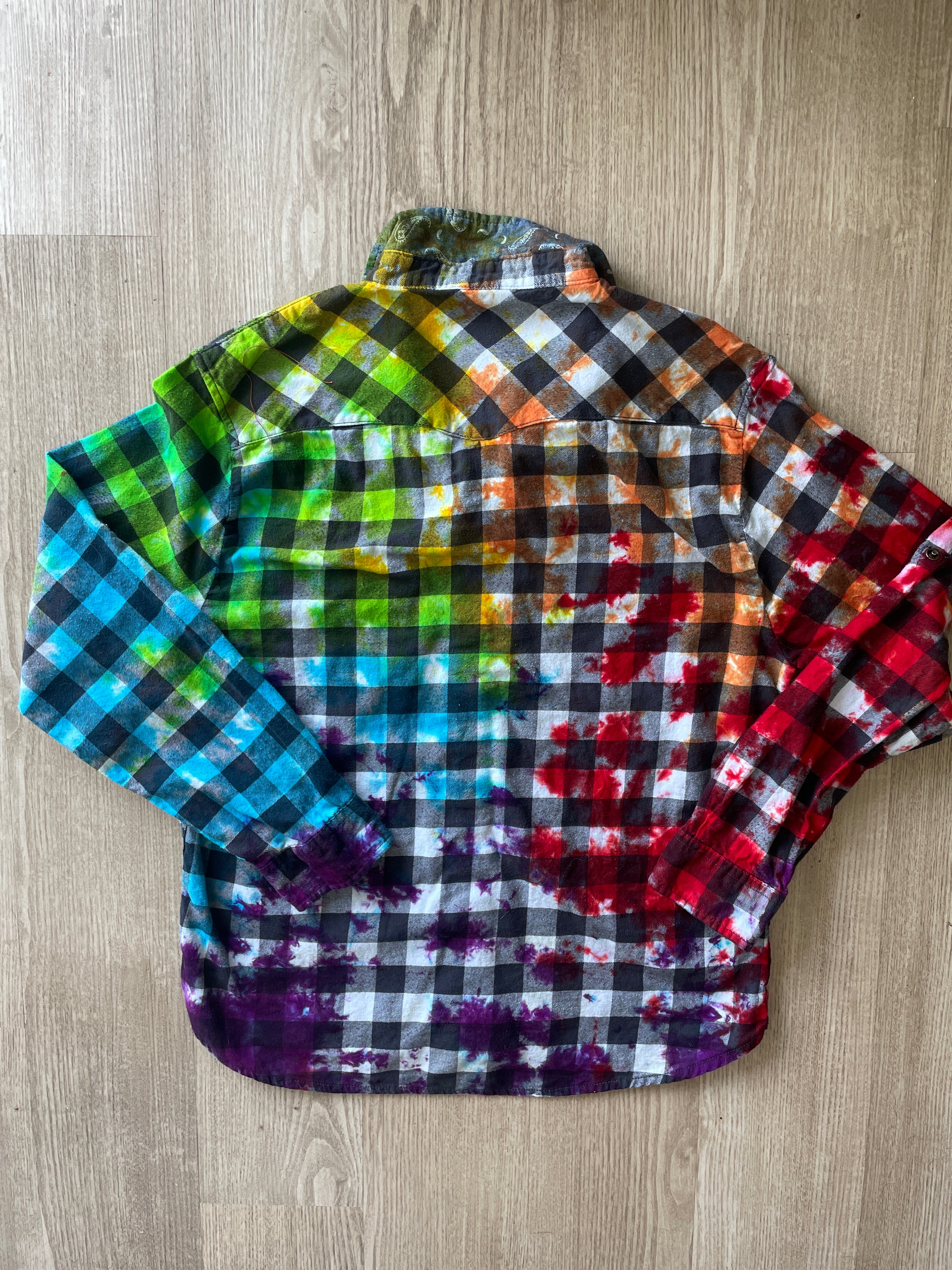 XL Women’s Rainbow, Black, and White Handmade Tie Dye Flannel Shirt | One-Of-a-Kind Upcycled Long Sleeve