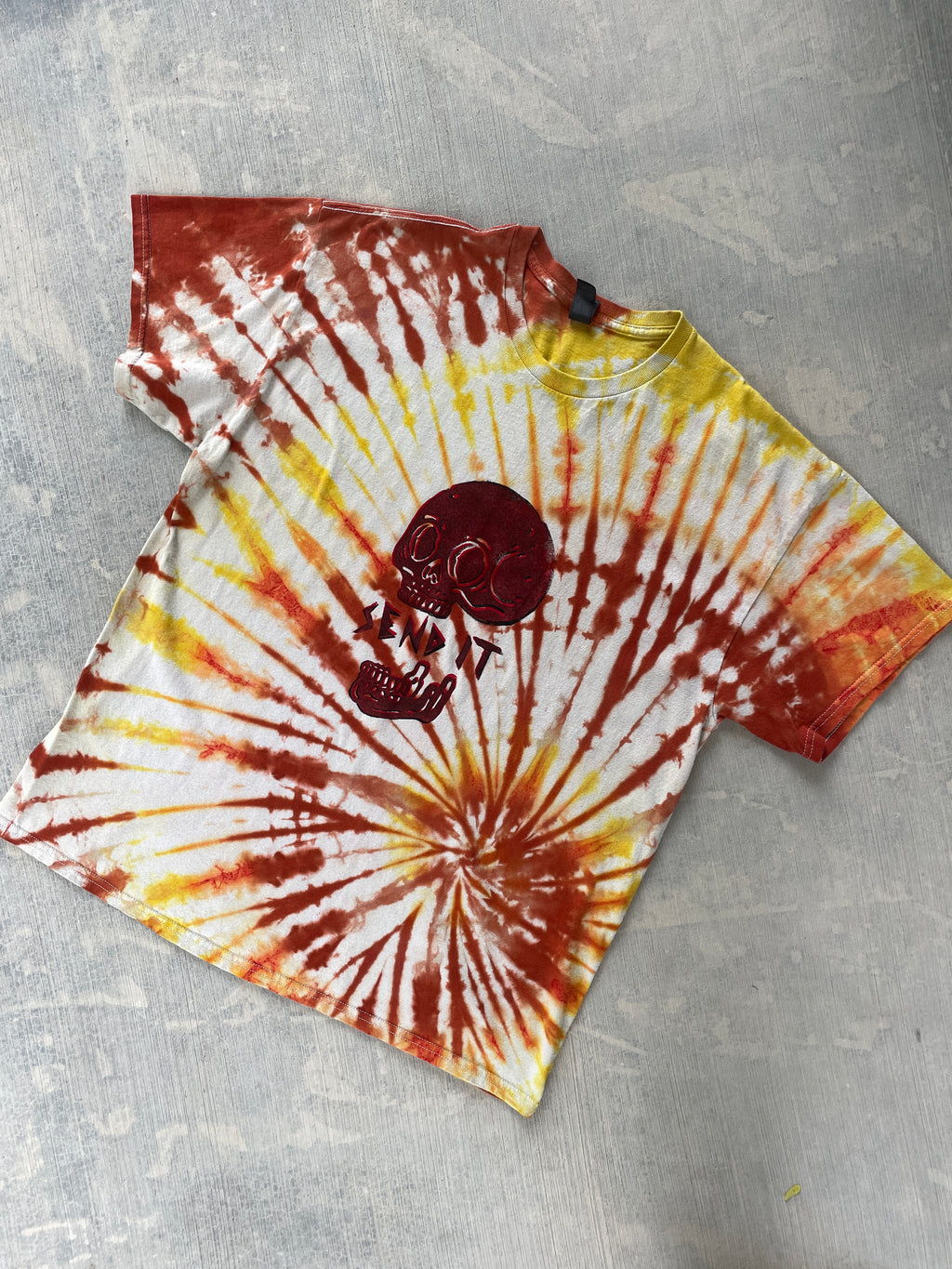 Men's XL Send It Skull Handmade Orange and Yellow Tie Dye Short Sleeve T-Shirt