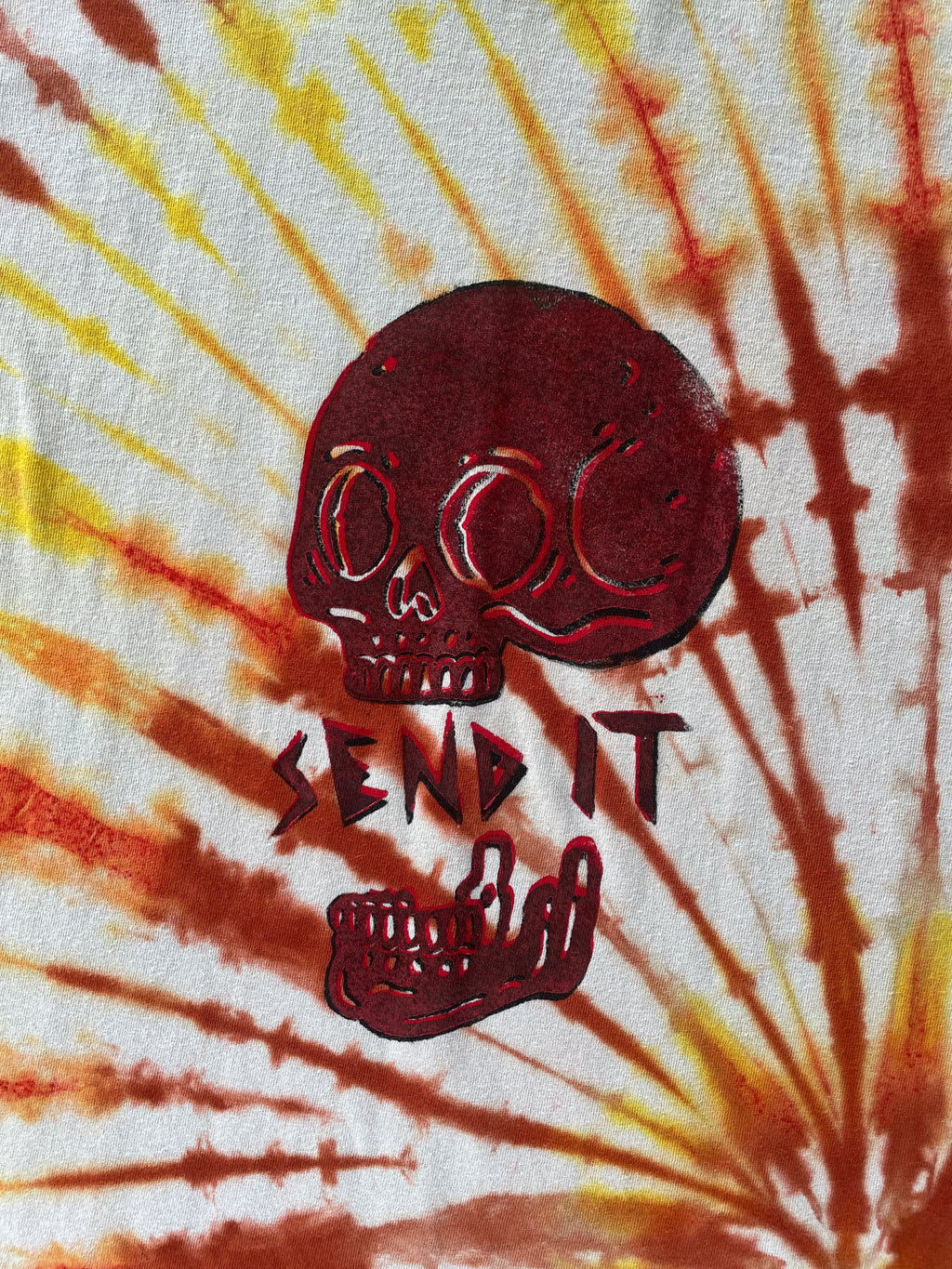 Men's XL Send It Skull Handmade Orange and Yellow Tie Dye Short Sleeve T-Shirt
