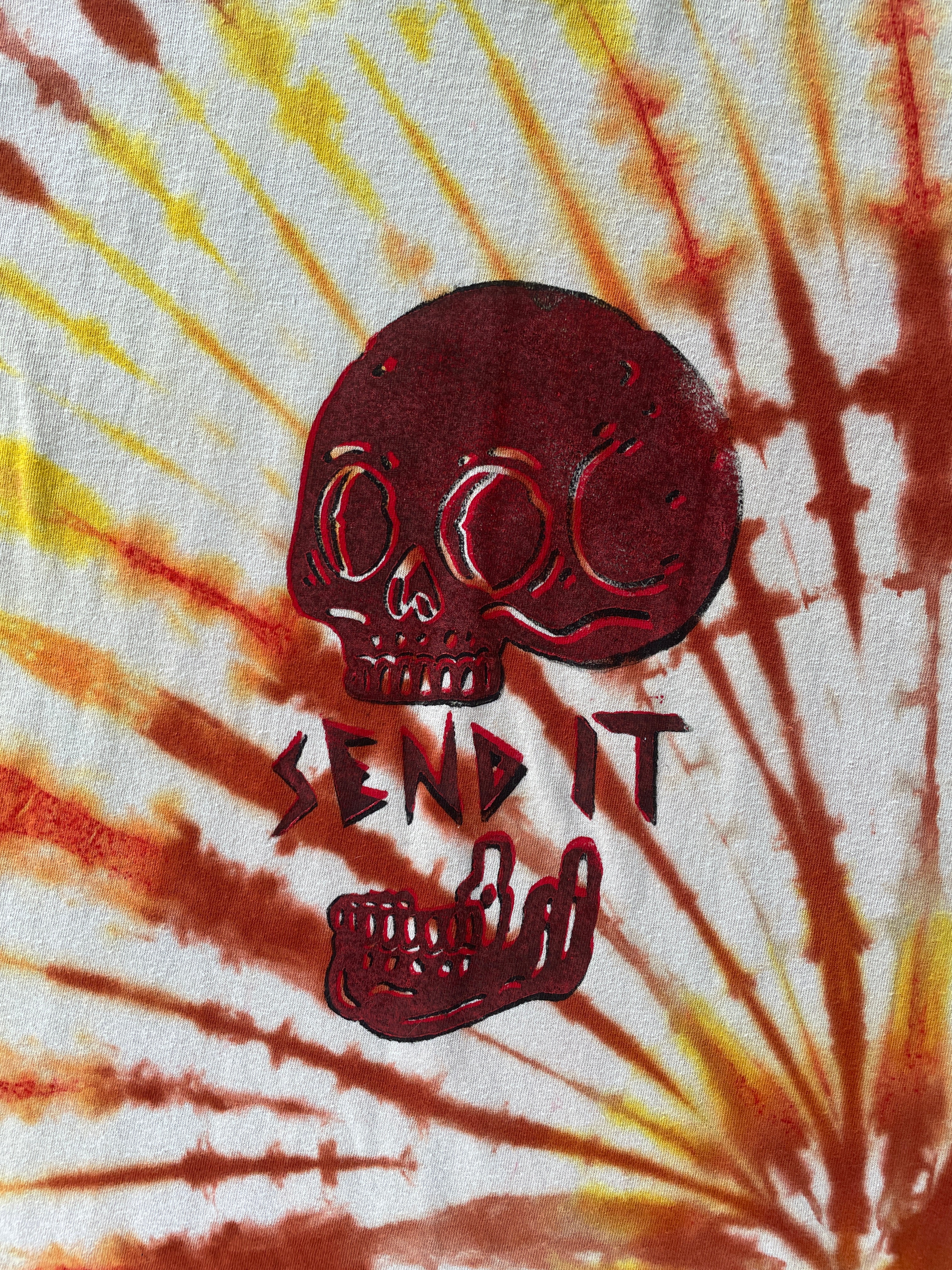 Men's XL Send It Skull Handmade Orange and Yellow Tie Dye Short Sleeve T-Shirt