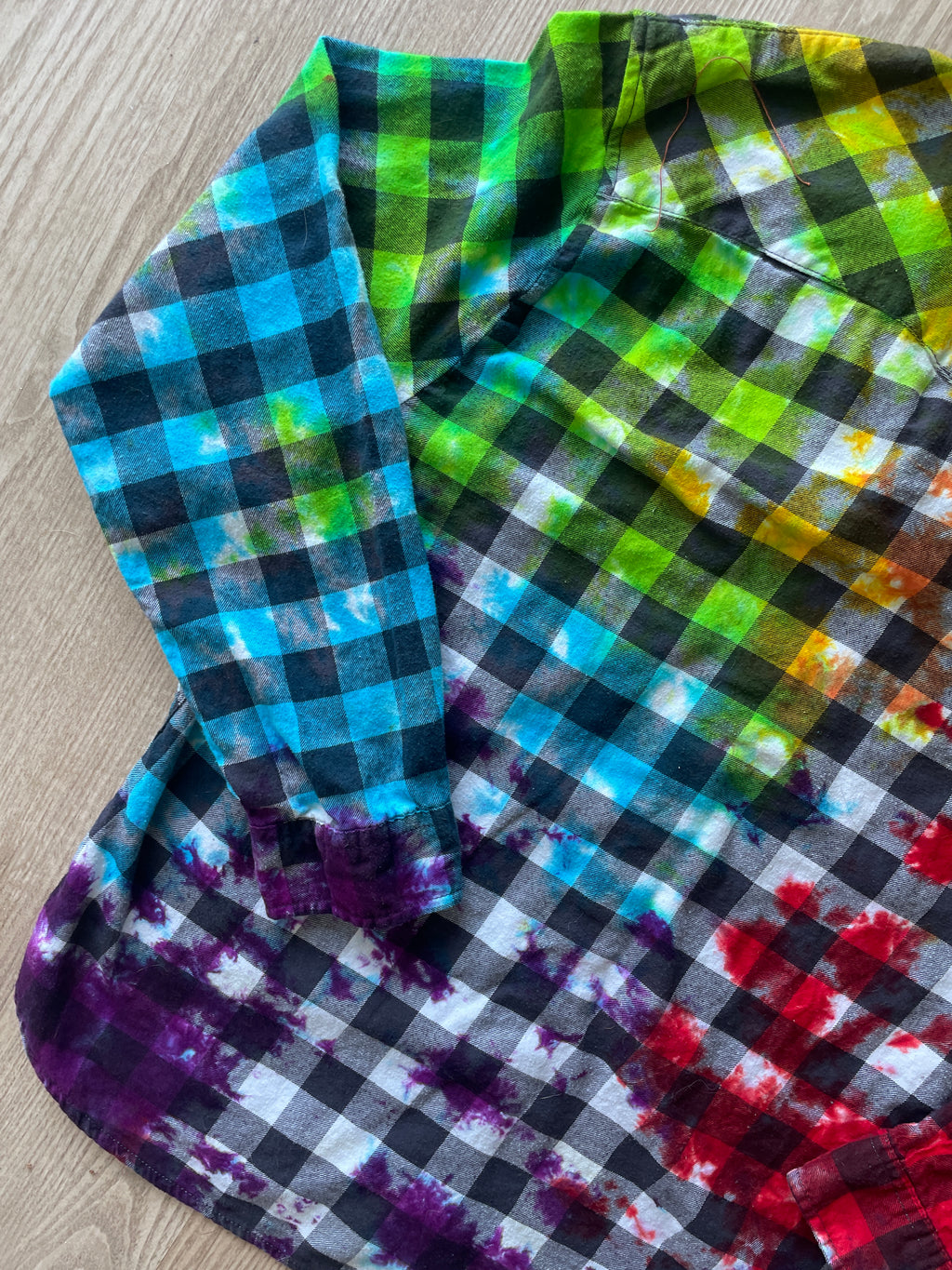 XL Women’s Rainbow, Black, and White Handmade Tie Dye Flannel Shirt | One-Of-a-Kind Upcycled Long Sleeve