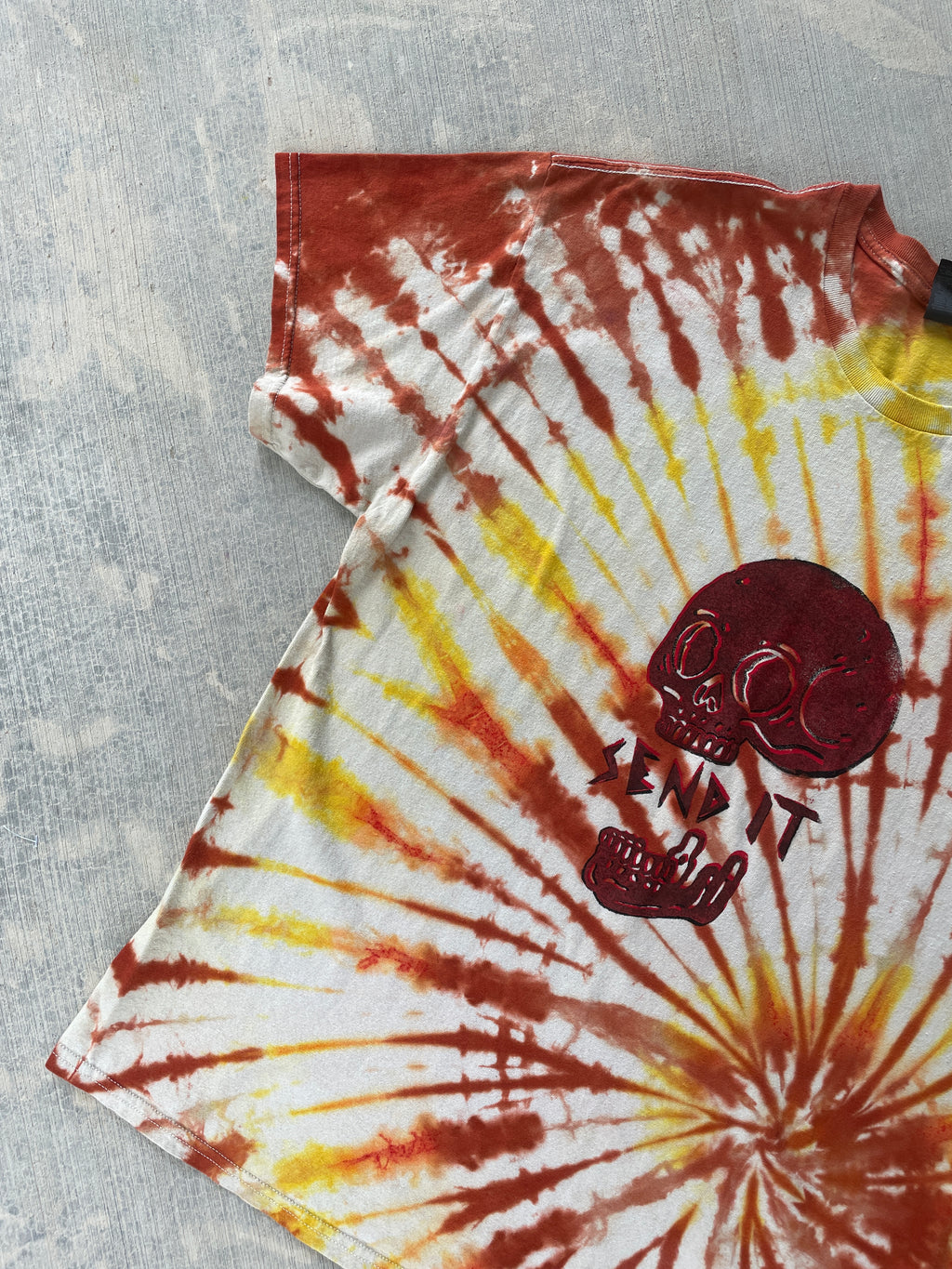 Men's XL Send It Skull Handmade Orange and Yellow Tie Dye Short Sleeve T-Shirt