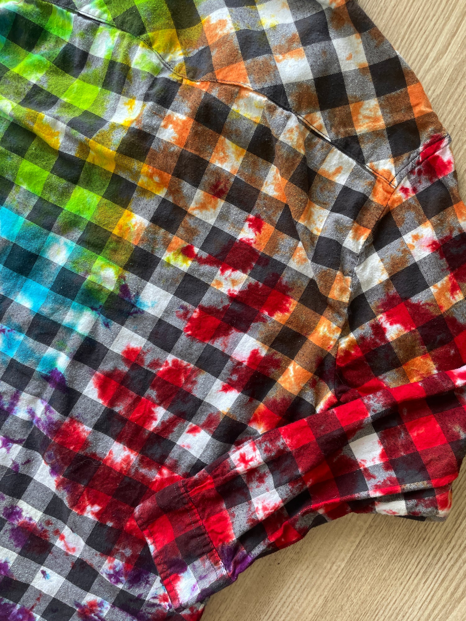 Handmade Rainbow Plaid Cotton Flannel Shirt Color Block Tie Dye